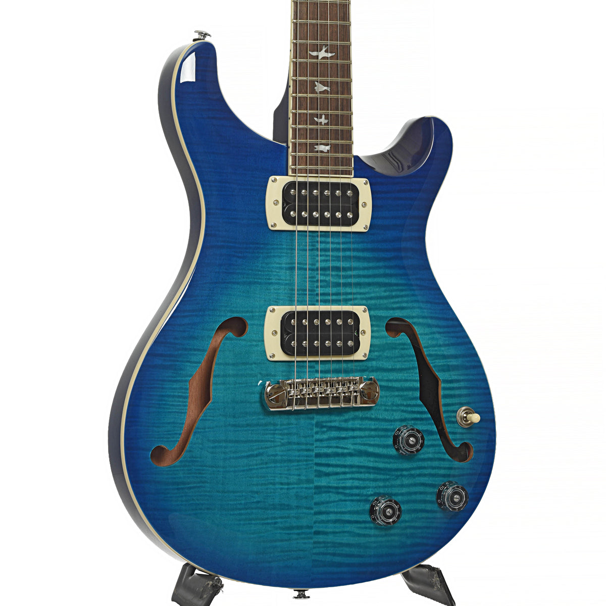 Front and side of PRS SE Hollowbody I Piezo Electric Guitar, Lake Blue