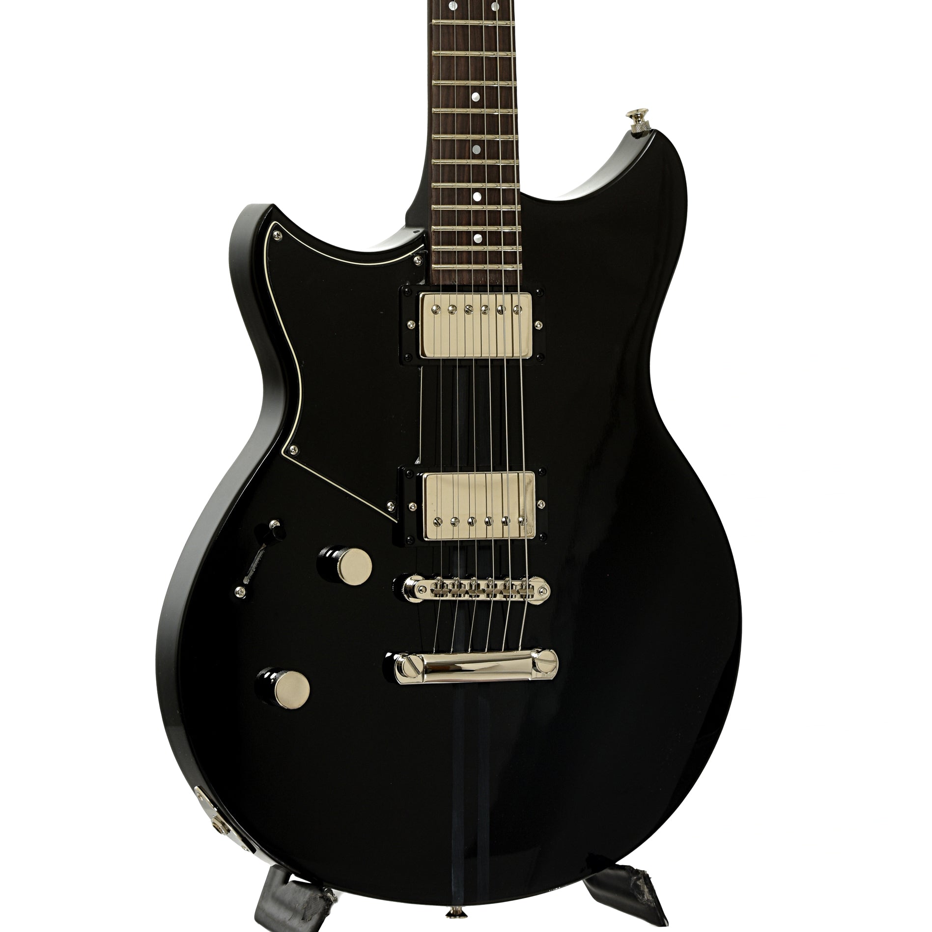 Front and side of Yamaha RSE20L Revstar Element Left Handed Electric Guitar, Black
