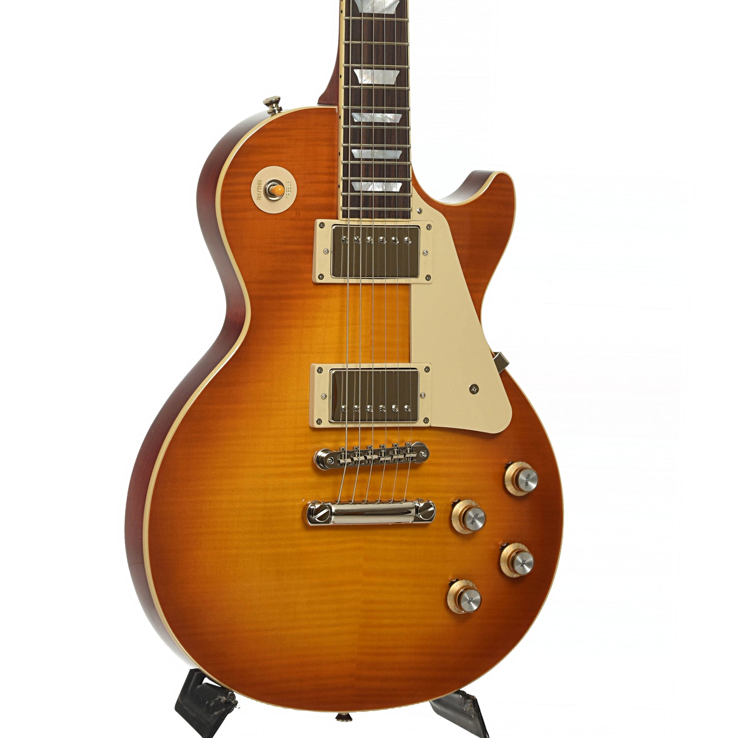 Front and side of Epiphone 1960 Les Paul Standard Reissue Electric Guitar & Case, Iced Tea Burst