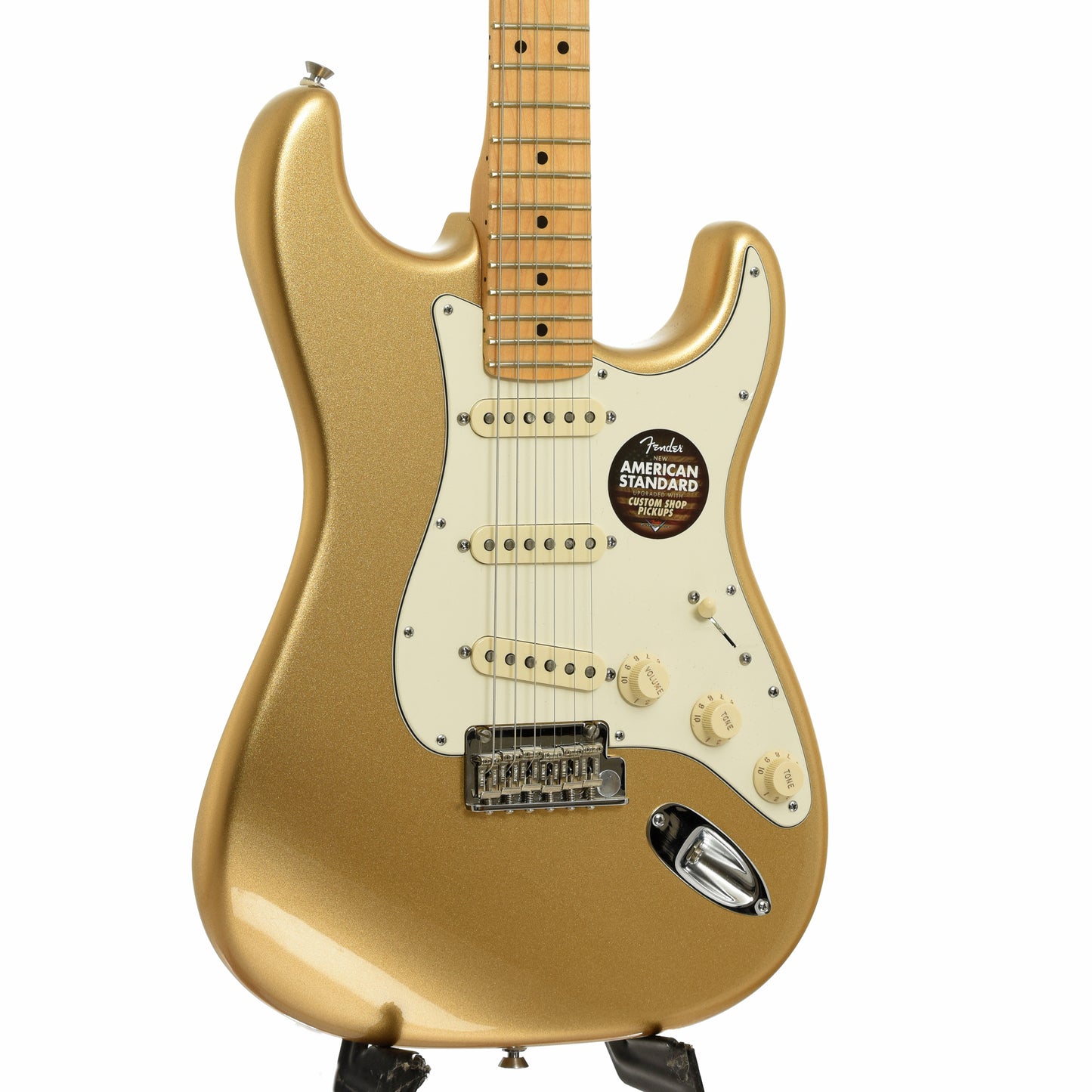 Front and side of Fender FSR 60th Anniversary American Standard Stratocaster Aztec Gold Electric Guitar 