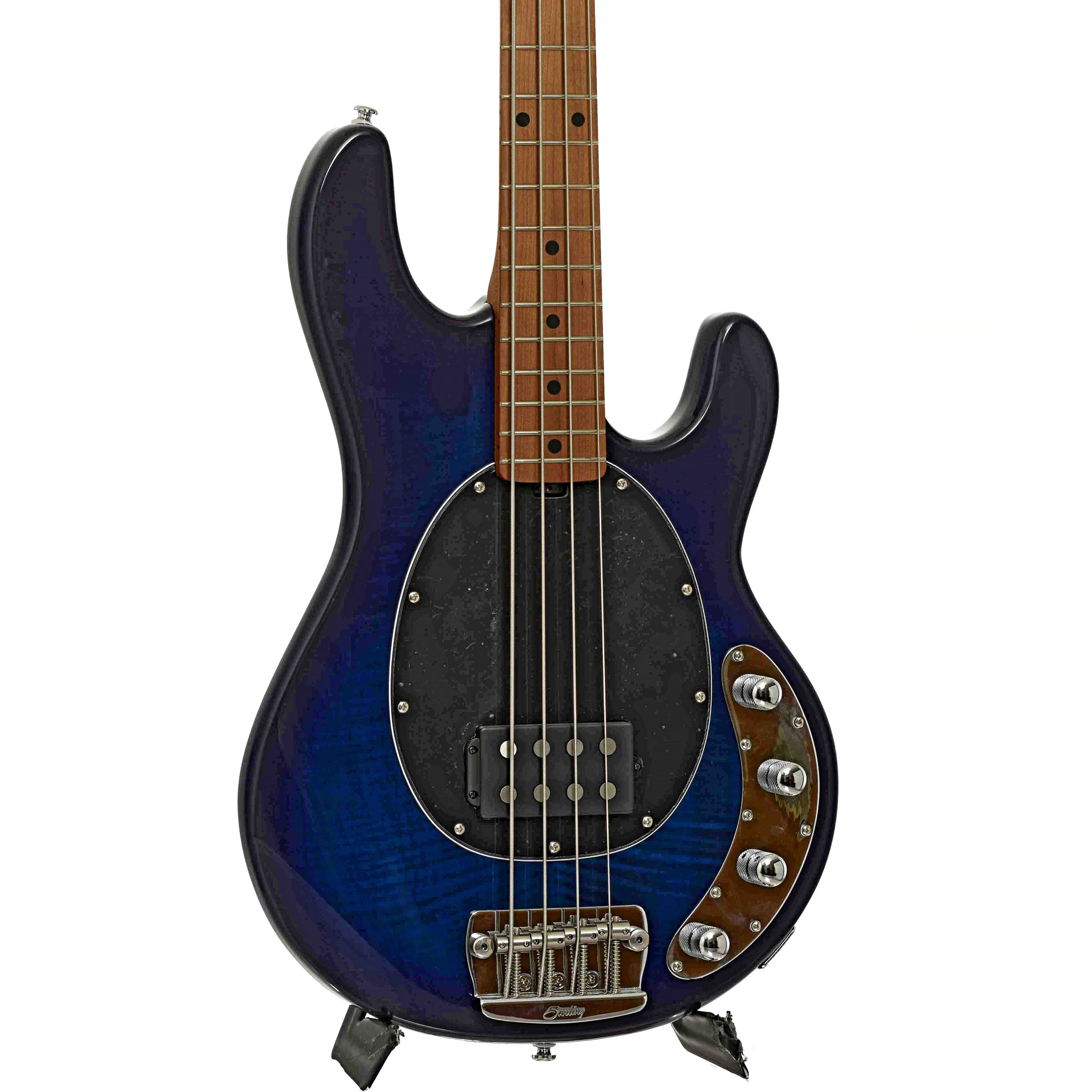 Front and side of Sterling by Music Man StingRay34 Flamed Maple 4-String Bass, Neptune Blue (2022)