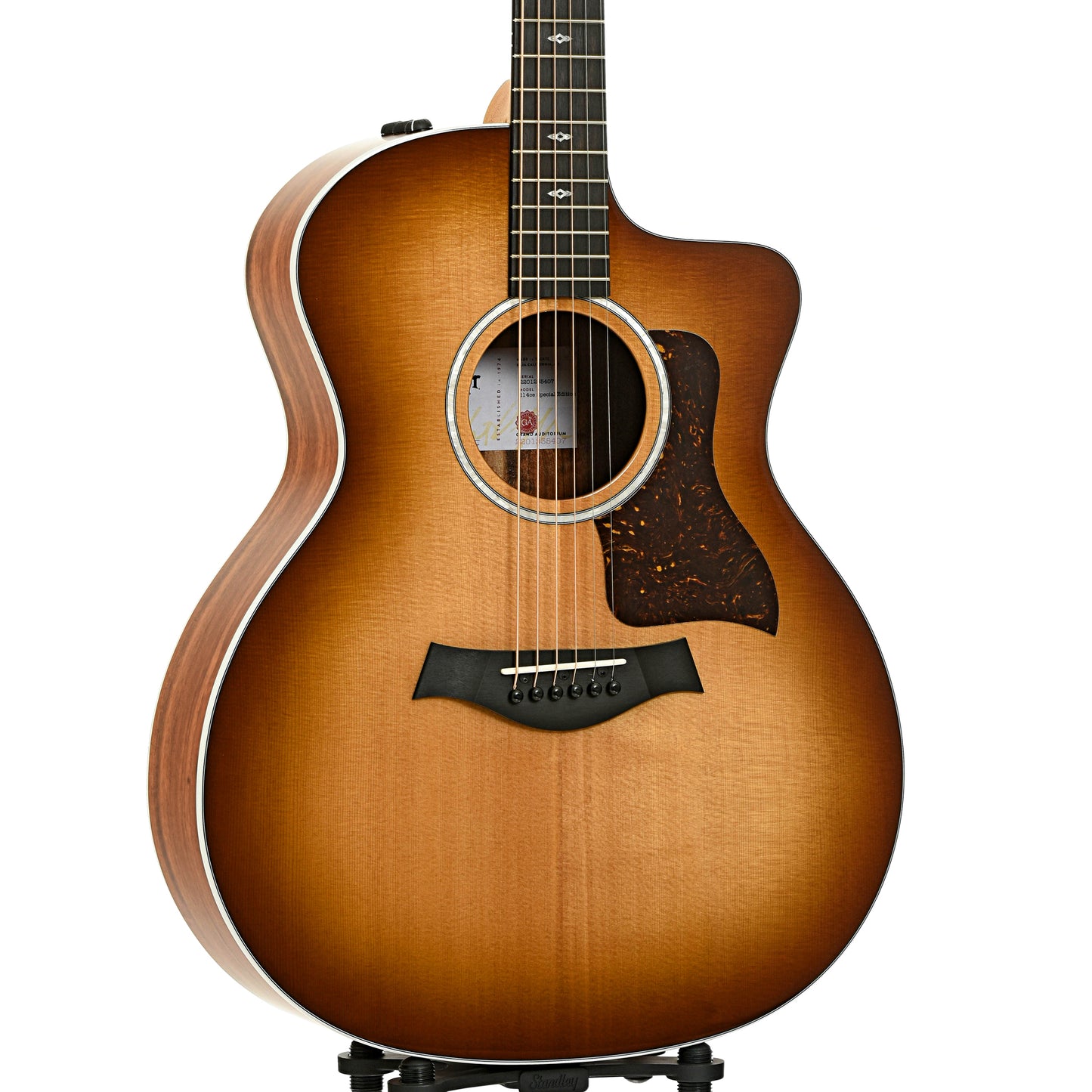 Front and side of Taylor 214ce Limited Edition Tigerwood Acoustic Guitar