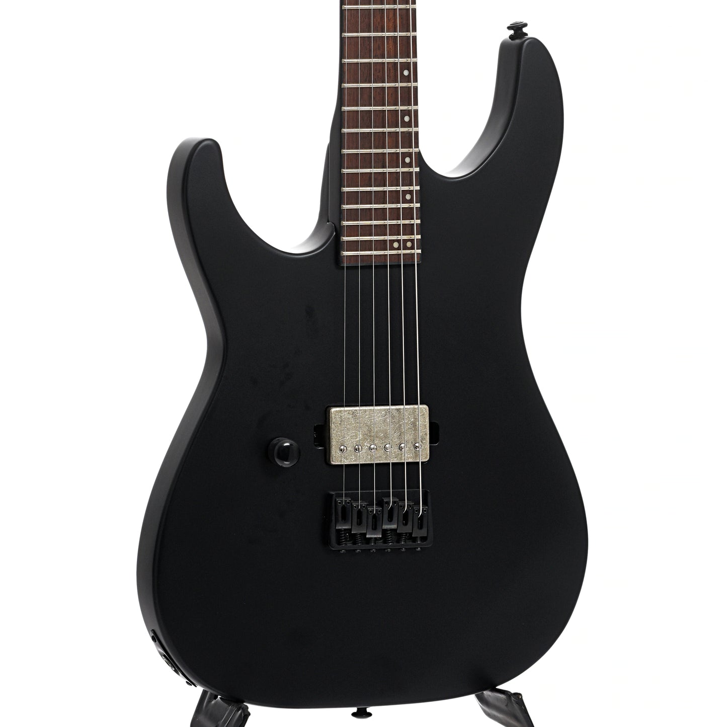 Front and side of ESP LTD Left Handed M-201HT Electric Guitar, Black Satin