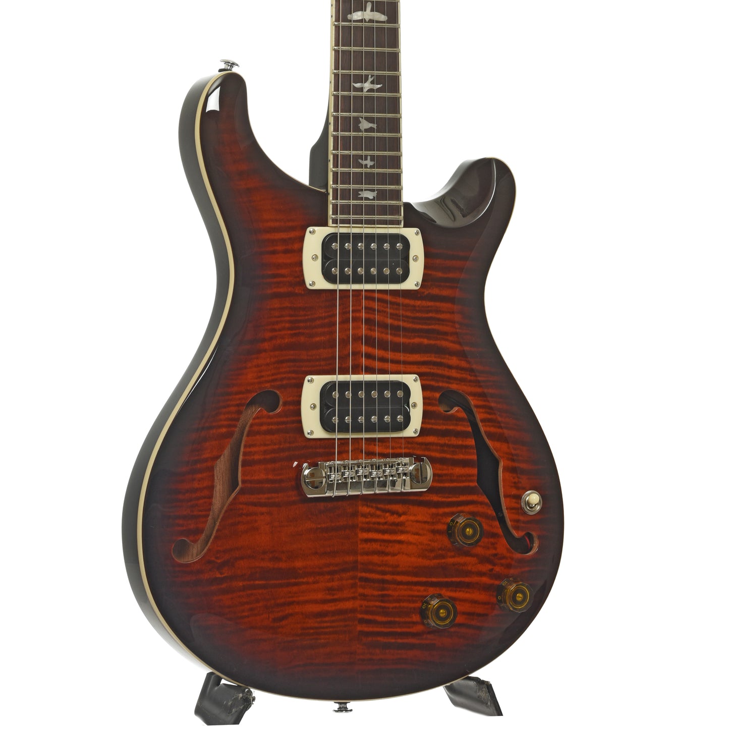 Front and side of PRS SE Hollowbody I Piezo Electric Guitar, Orange Tiger Smokeburst 