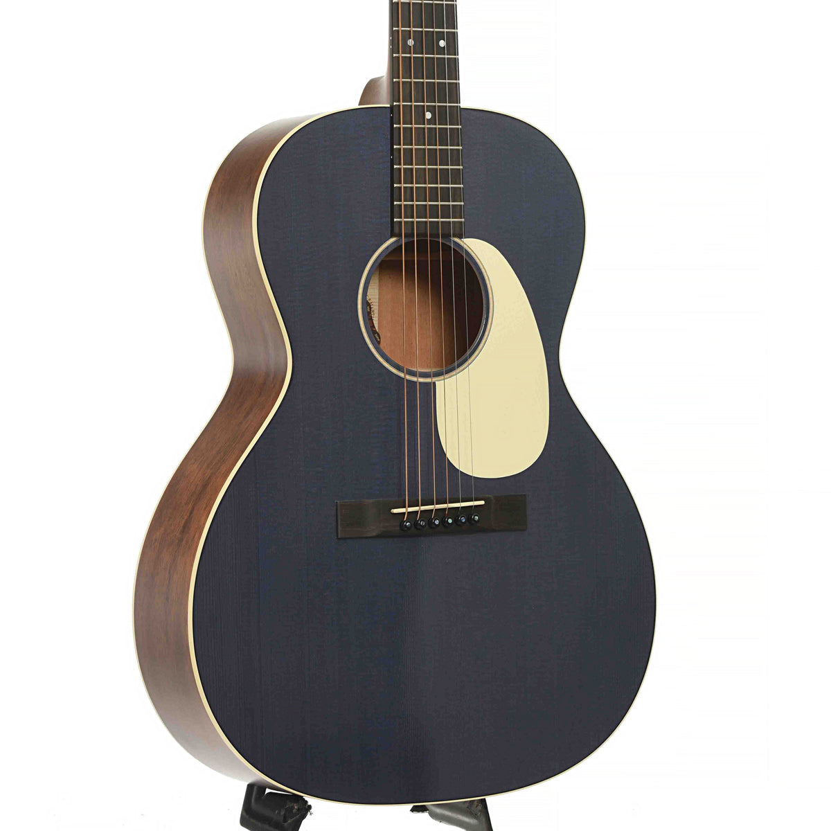 Front & Side of Martin 00L-16E Acoustic Guitar & Gigbag, Blue Denim