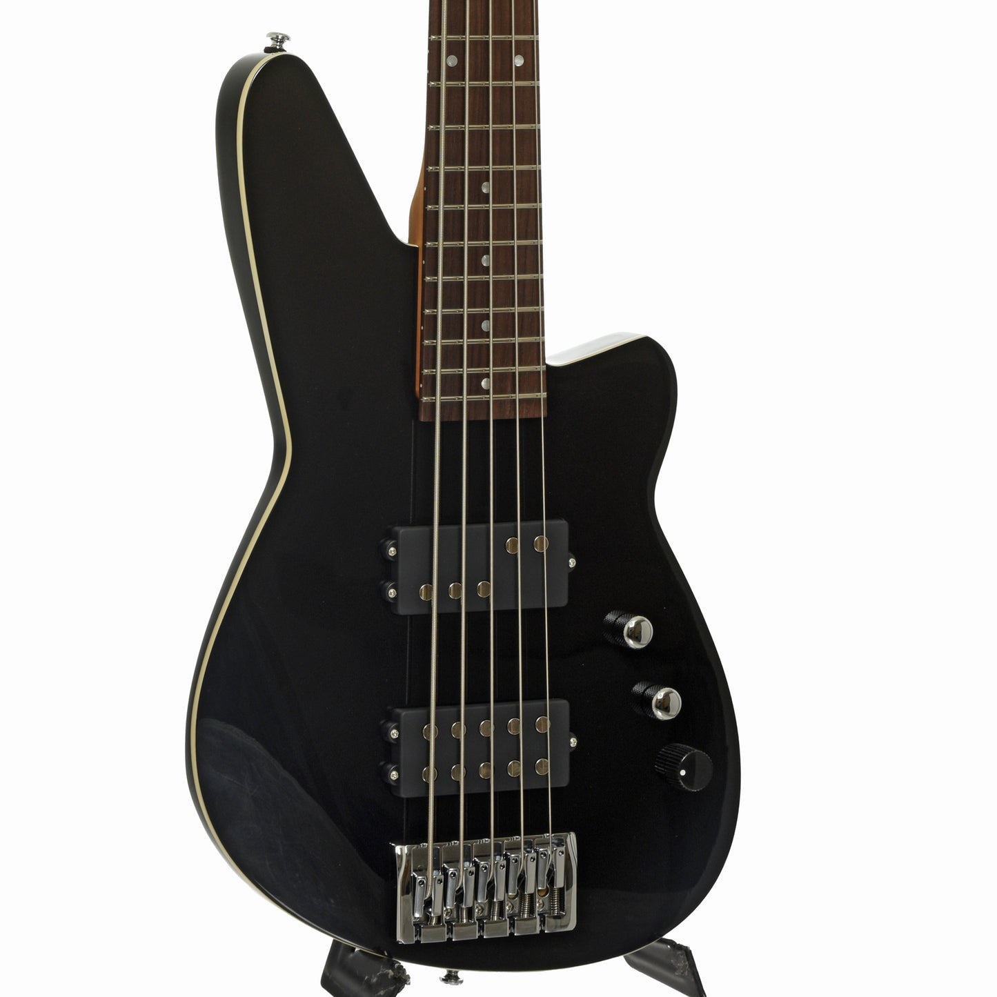 Front and side of Reverend Mercalli 5 5-string Electric Bass Guitar, Midnight Black