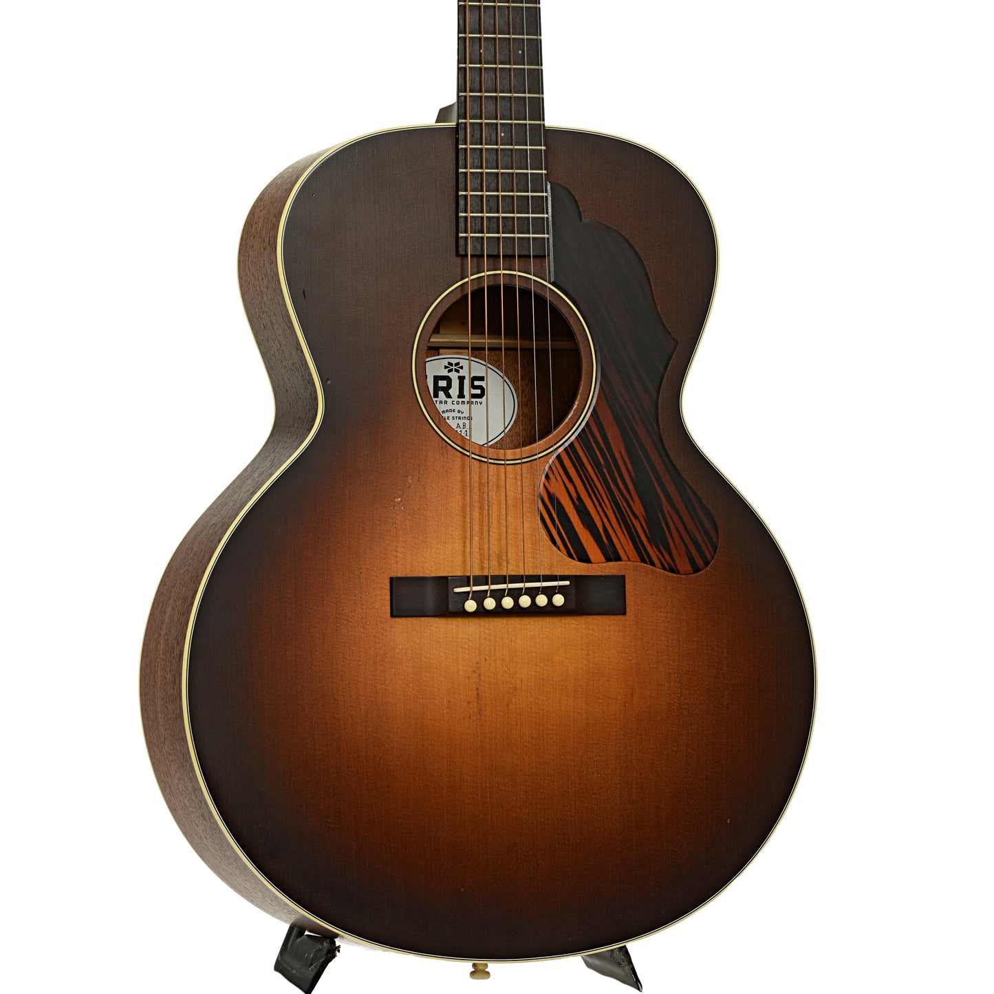 Front and side of Iris Guitar Company AB Burst Relic Wide-Nut Small Jumbo Acoustic Guitar