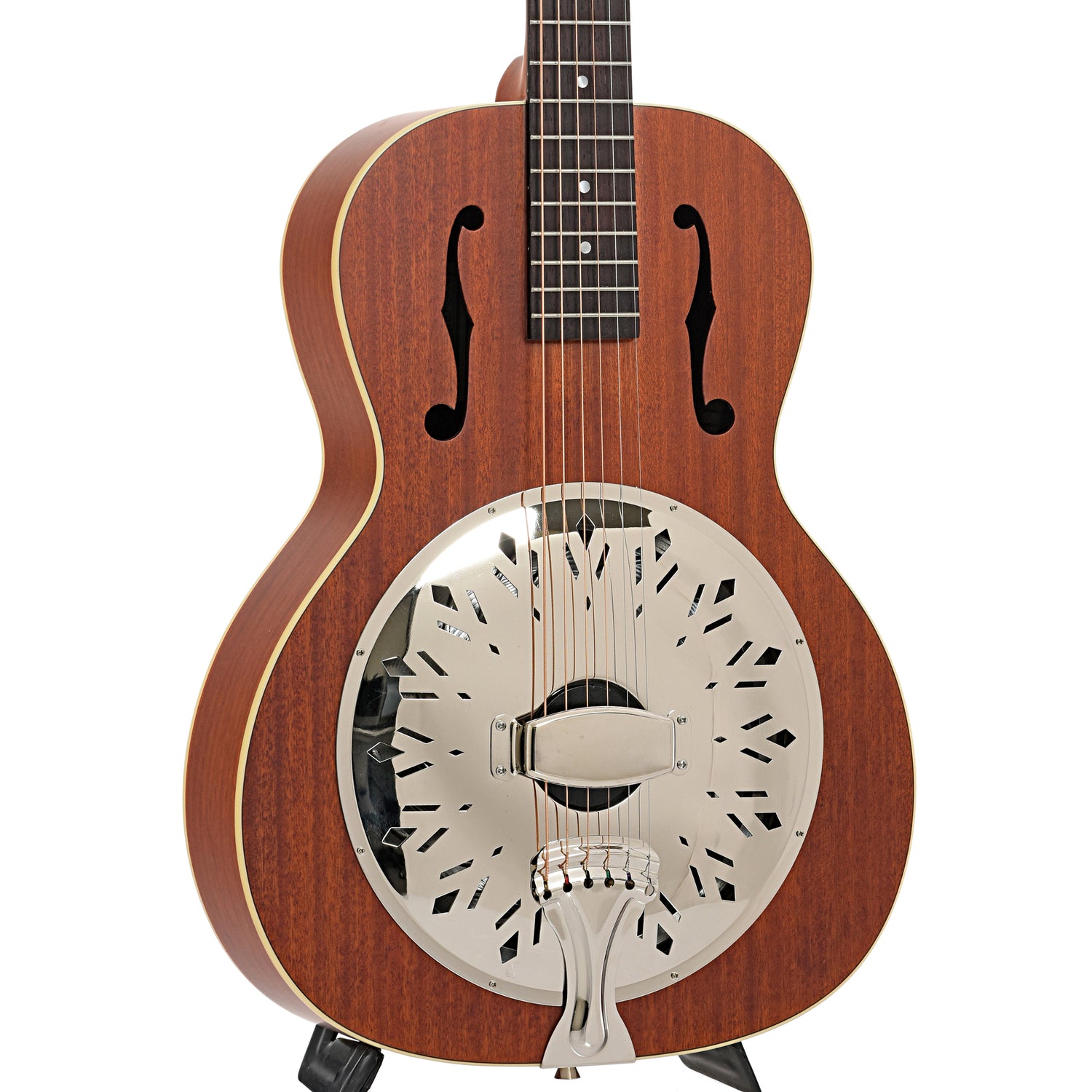front and side of Recording King Rattlesnake Wood Body Roundneck Resonator, Satin Brown