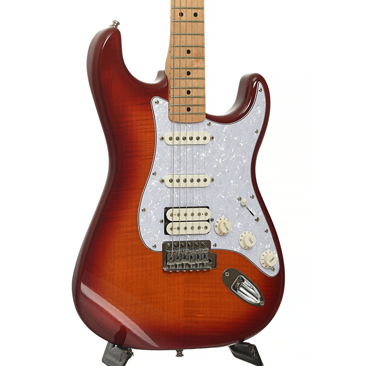 Front and side of Fender Standard Stratocaster HSS Plus Top Electric Guitar  