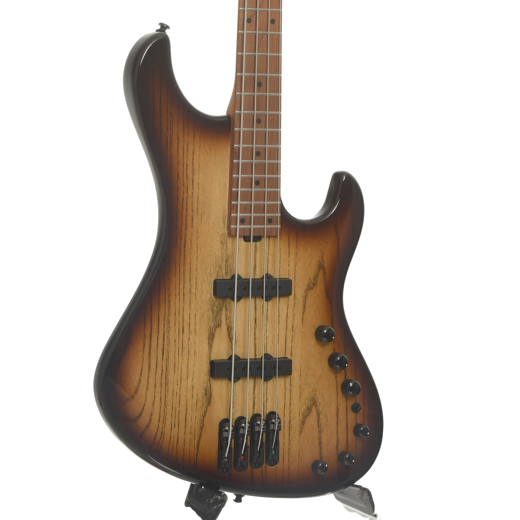 Front and side of Ibanez Mode MDM1300 Electric Bass, Natural Stained Amber Burst