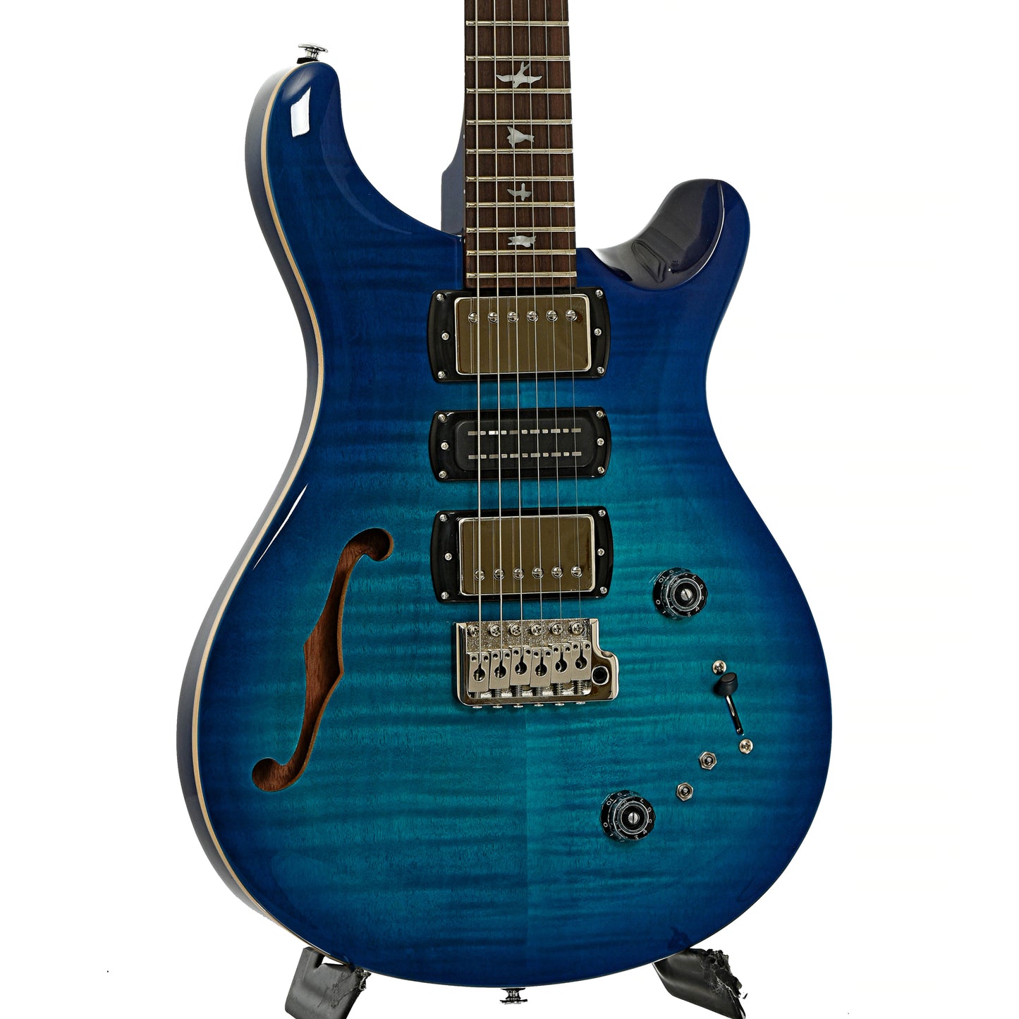 Front and side of PRS SE Special Semi-Hollow Electric Guitar Lake Blue