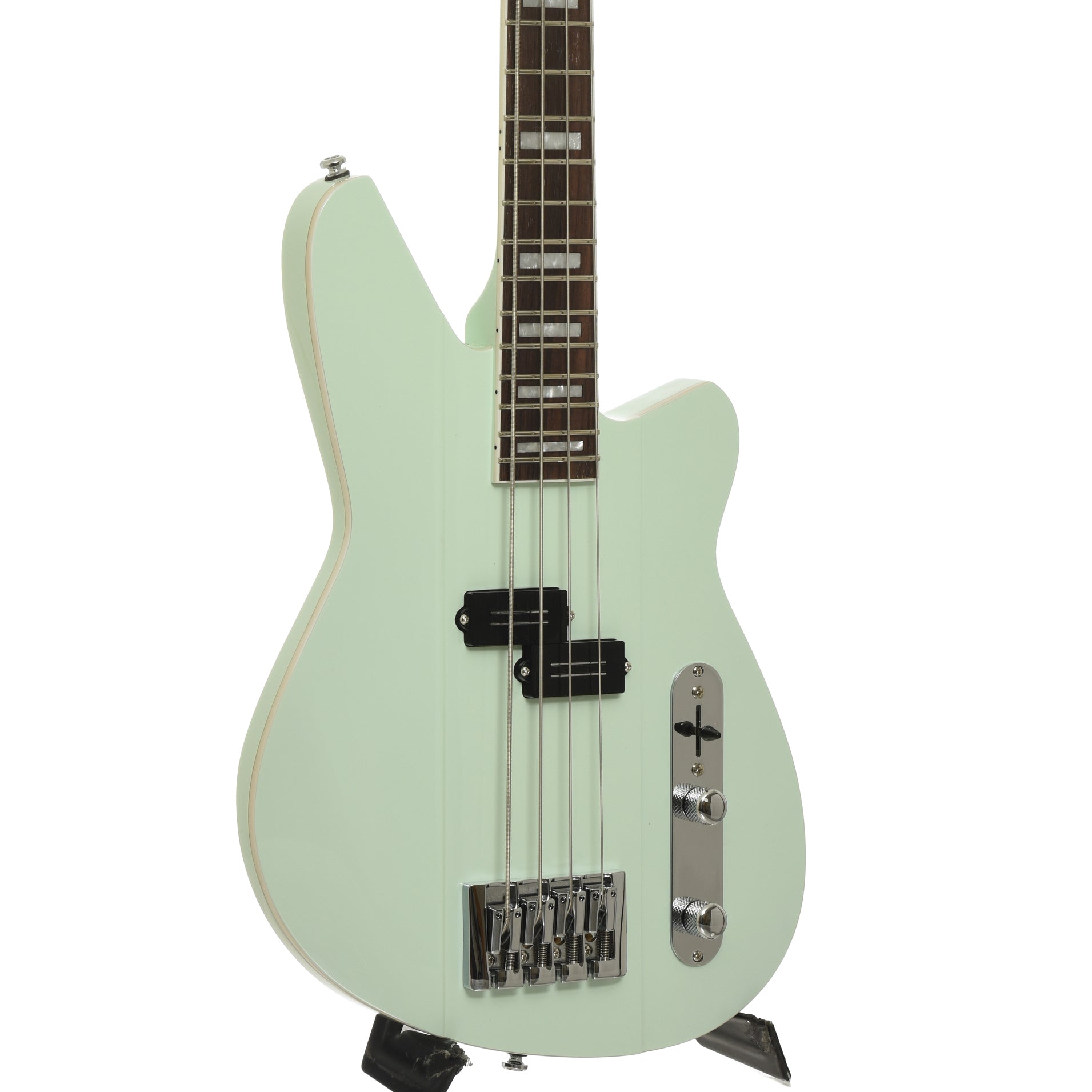 Front and side of Reverend Sentinel Short Scale Electric Bass Guitar, Iconic Blue