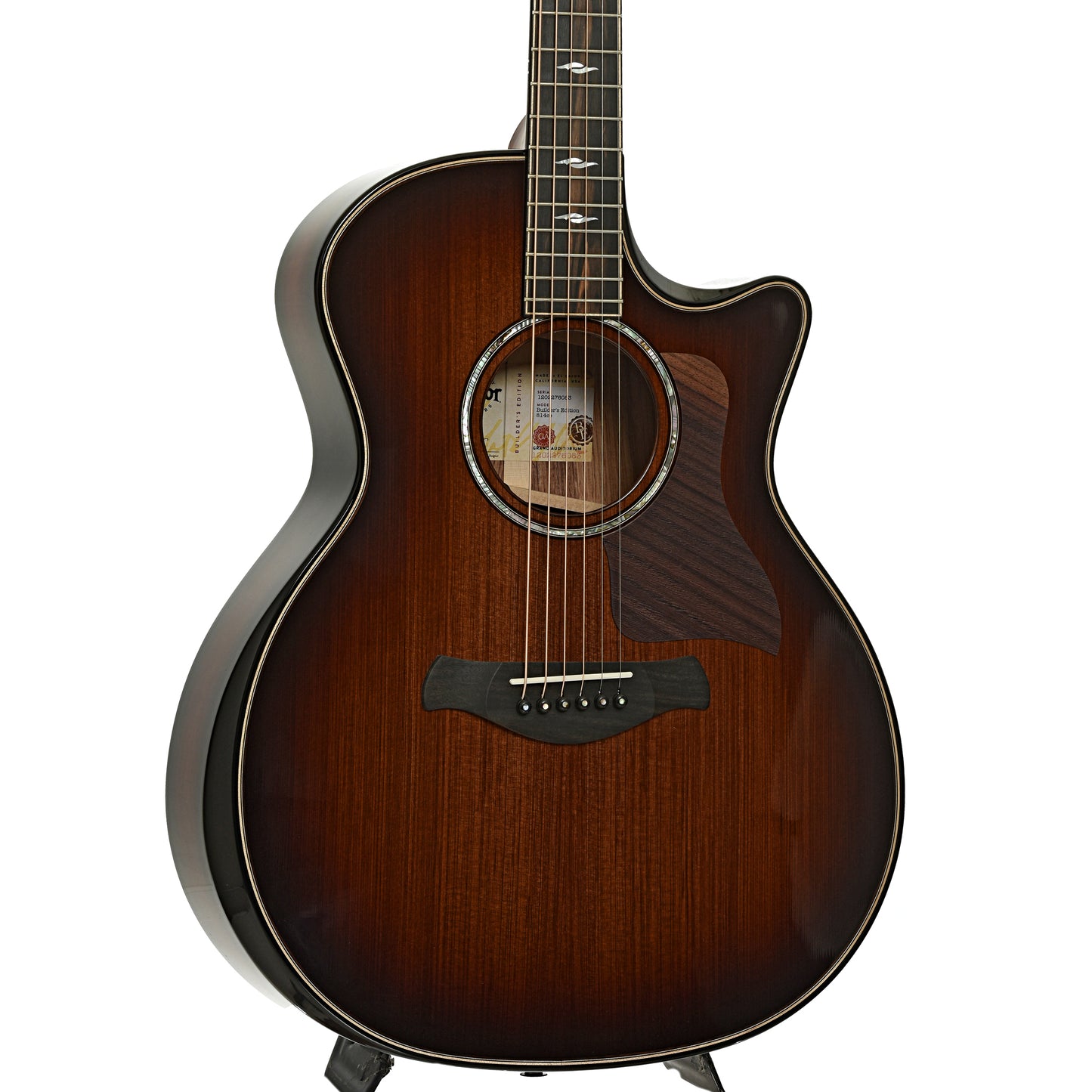 Front and side of Taylor Next Generation Builder's Edition 814ce Acoustic-Electric Guitar & Case, Honduran Rosewood/Sinker Redwood