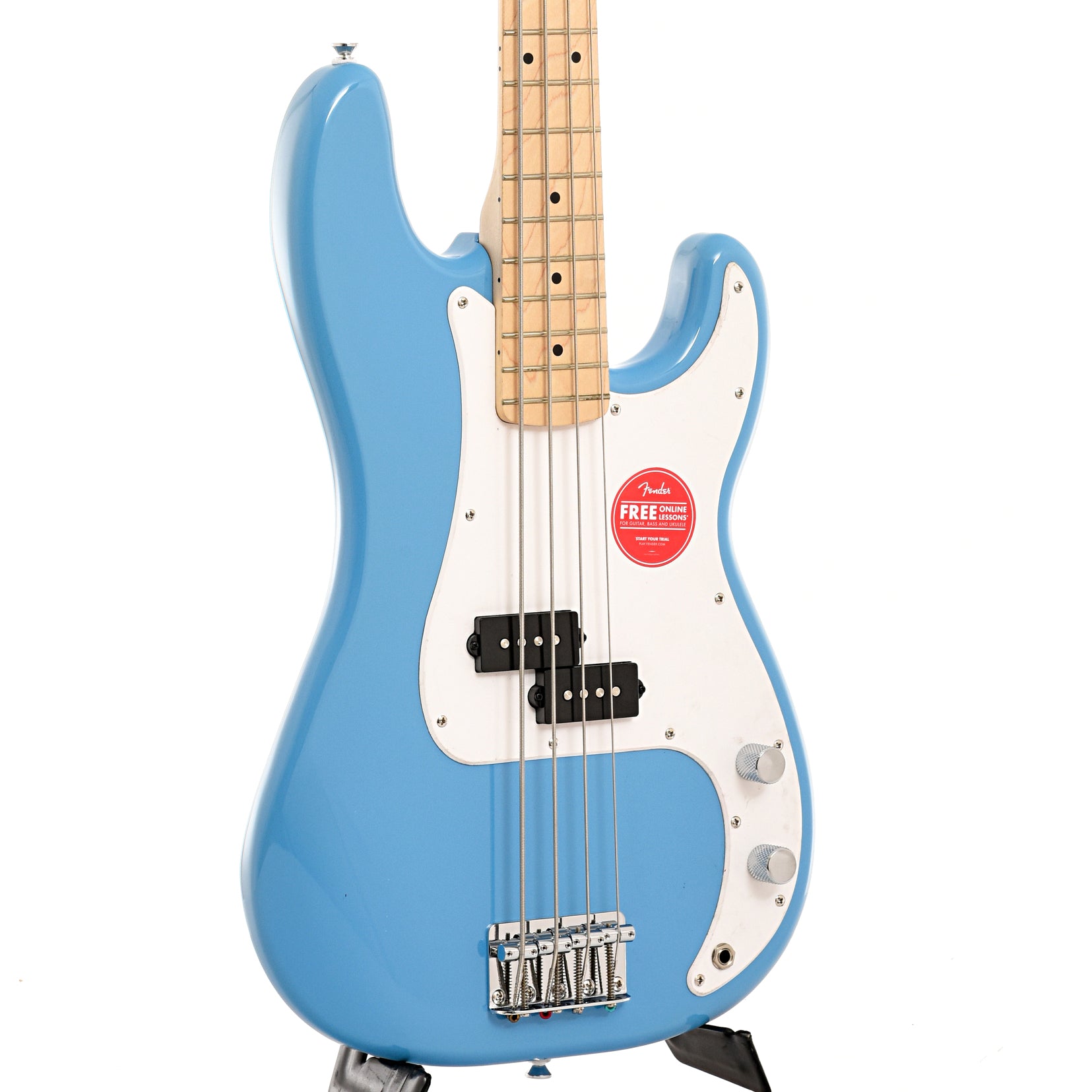 Front and side of Squier Sonic Precision Bass, California Blue