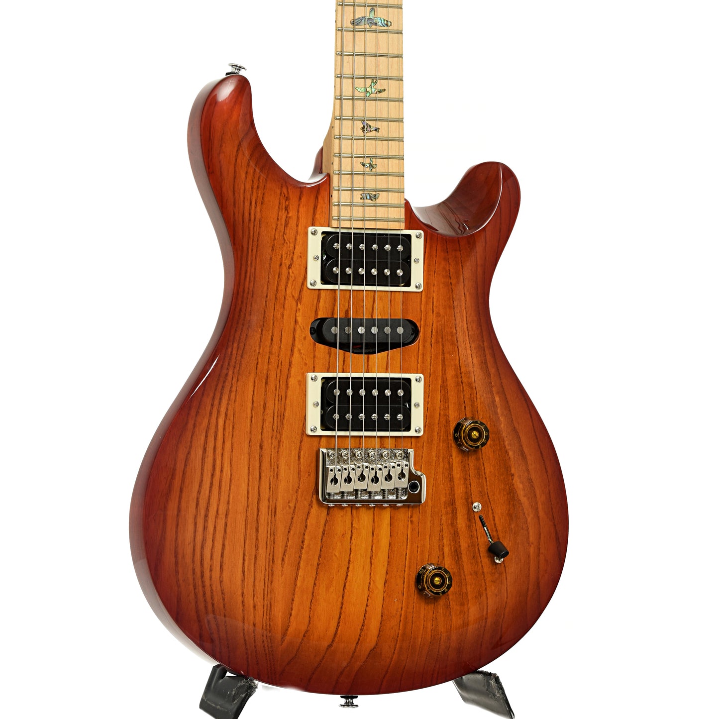 Front and side of PRS SE Swamp Ash Special Electric Guitar Vintage Sunburst, Shopworn