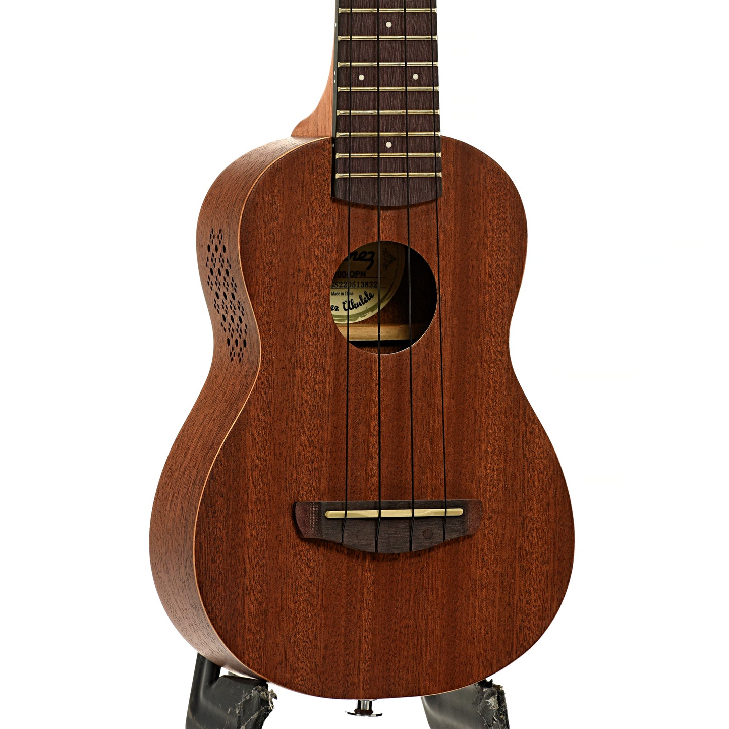 Front and side of Ibanez Soprano Ukulele with Bag, Open Pore Natural