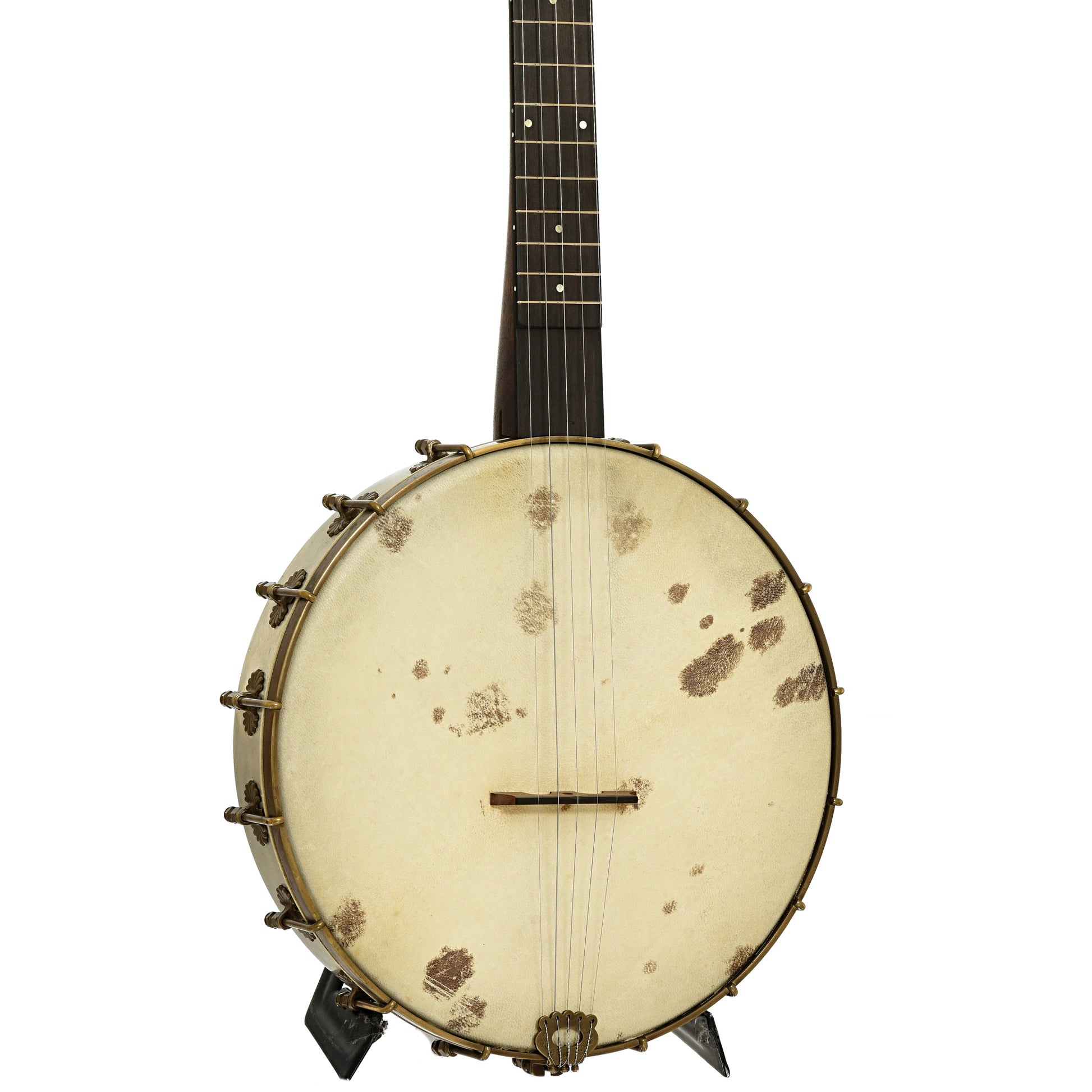 Front and side of Brooks Masten Silverspun Custom Walnut 12" Openback Banjo