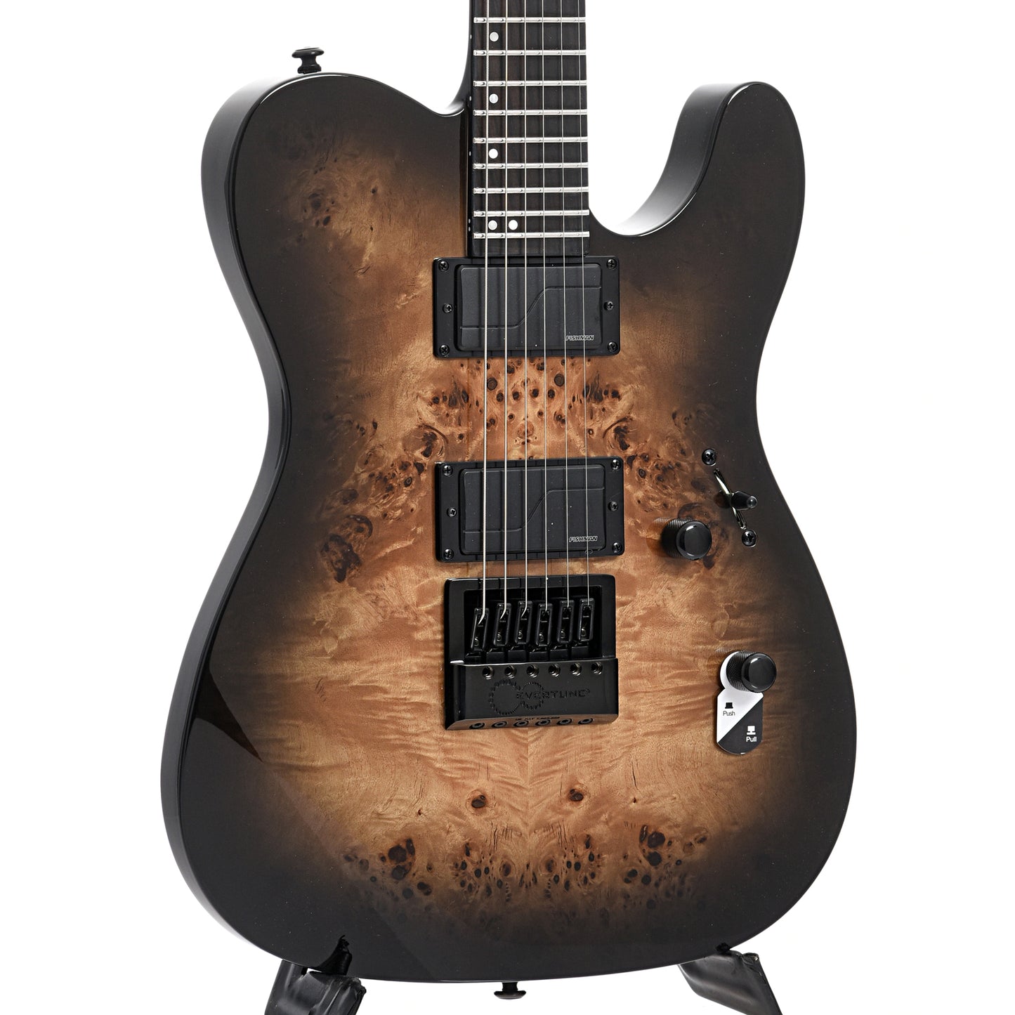 Front and side of ESP LTD TE-1000 Evertune Electric Guitar, Poplar Burl Charcoal Burst
