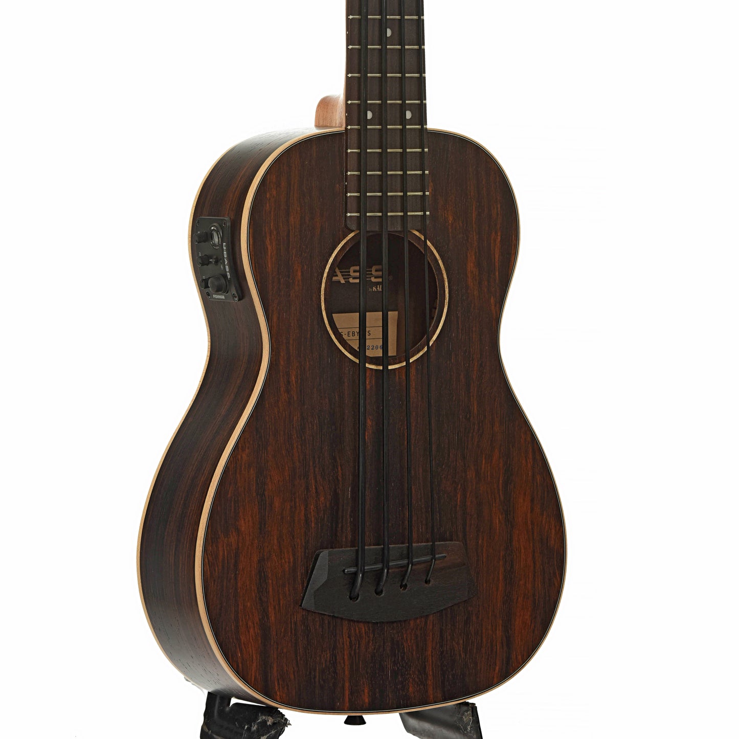 Front and side of Kala U-Bass-EBY-FS 6Q  Striped Ebony Acoustic Bass 