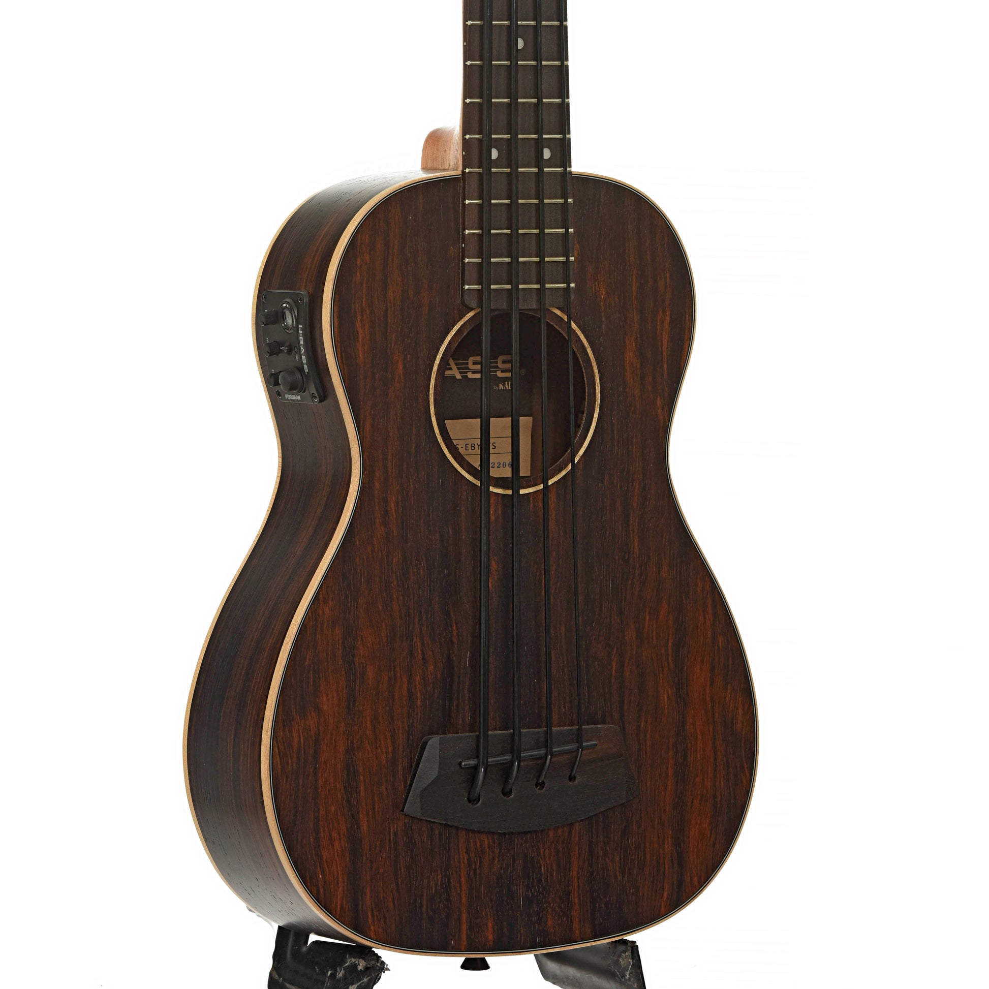 Front and side of Kala U-Bass-EBY-FS 6Q  Striped Ebony Acoustic Bass 