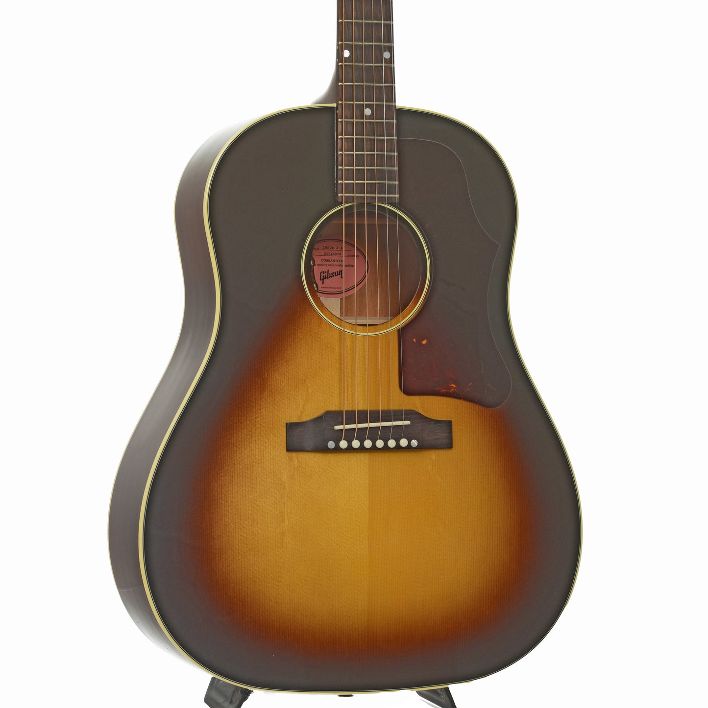 Front and side of Gibson 50s J-45 Original Acoustic Guitar & Case, Vintage Sunburst