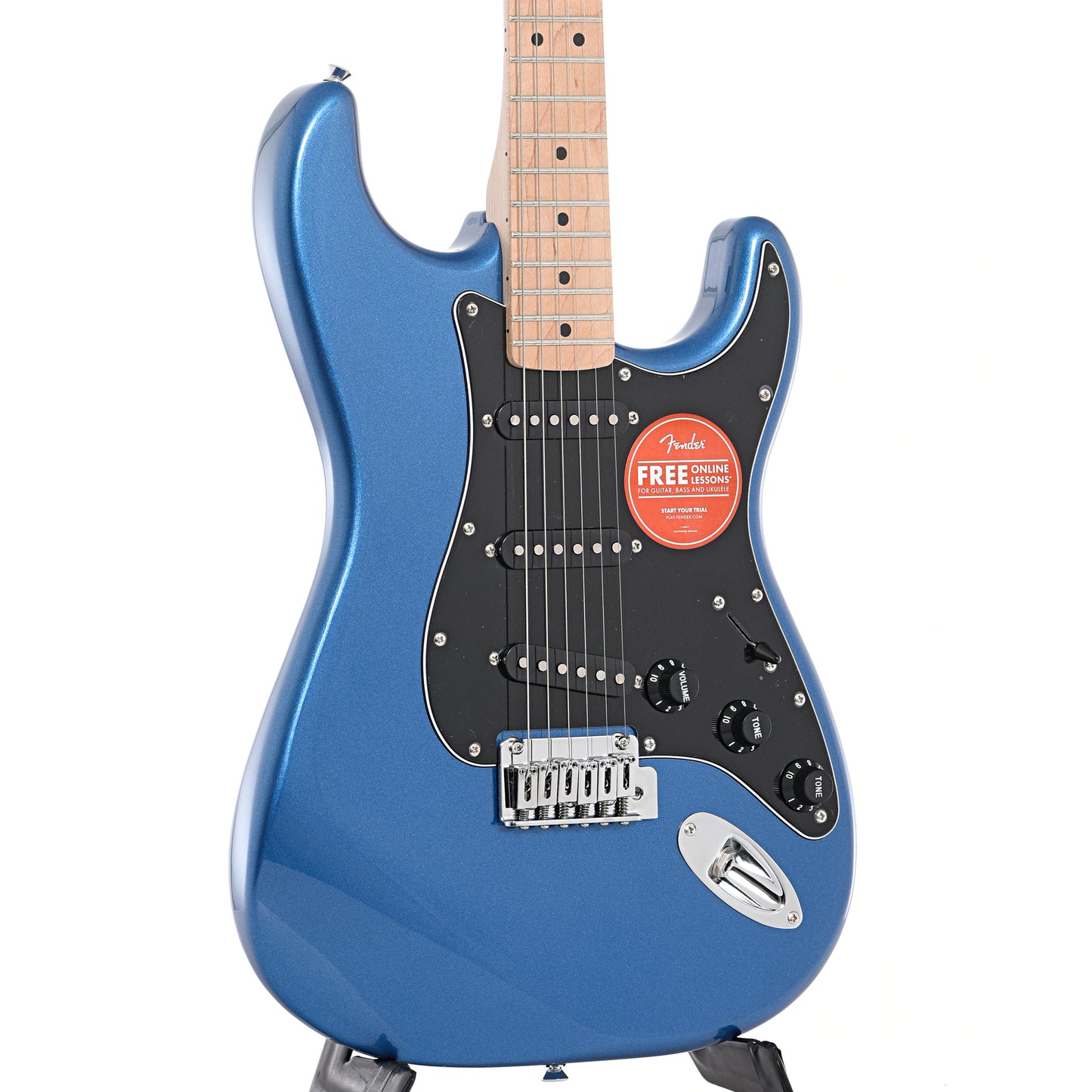 Front and side of Squier Affinity Series Stratocaster, Lake Placid Blue