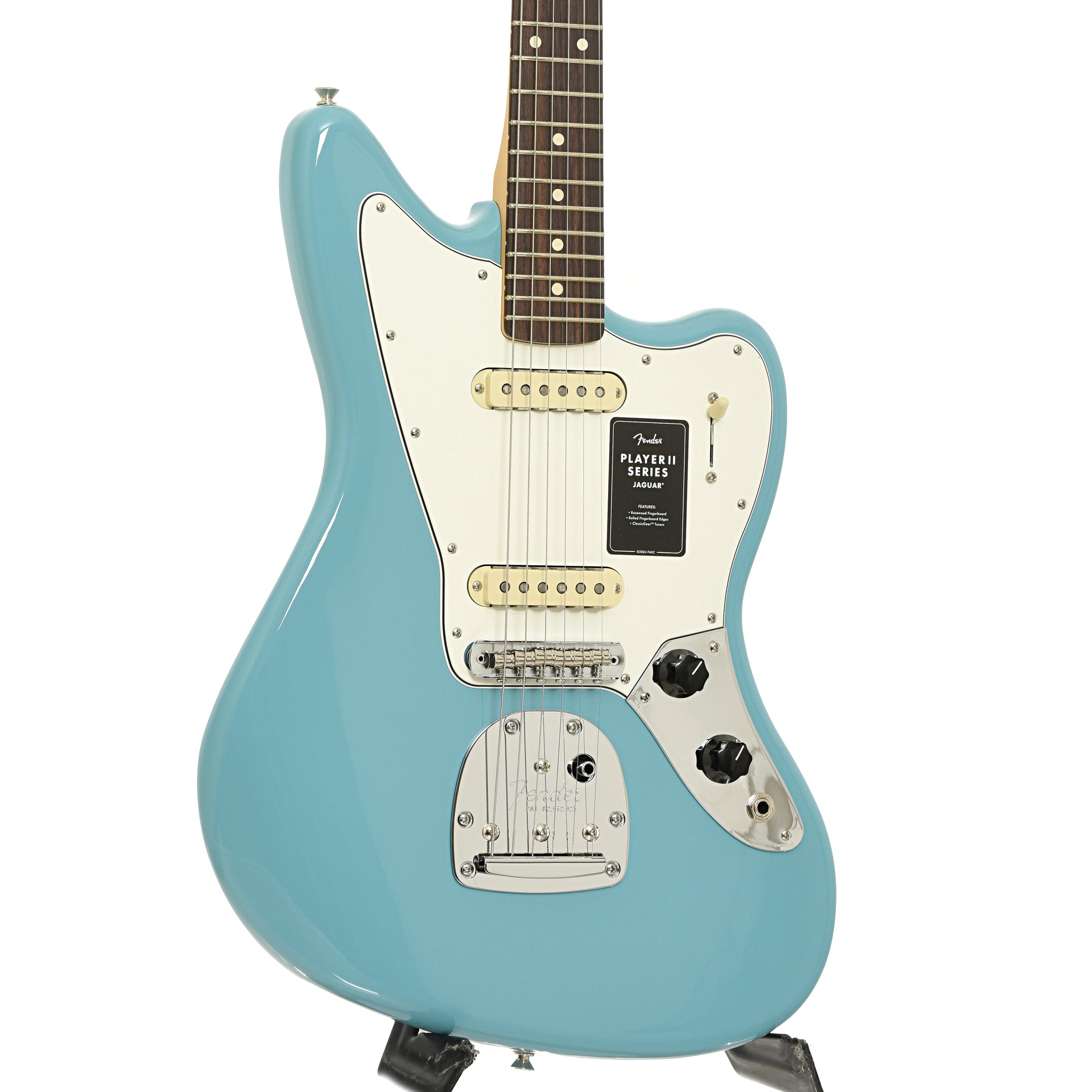 Front and side of Fender Player II Jaguar Electric Guitar, Aquatone Blue