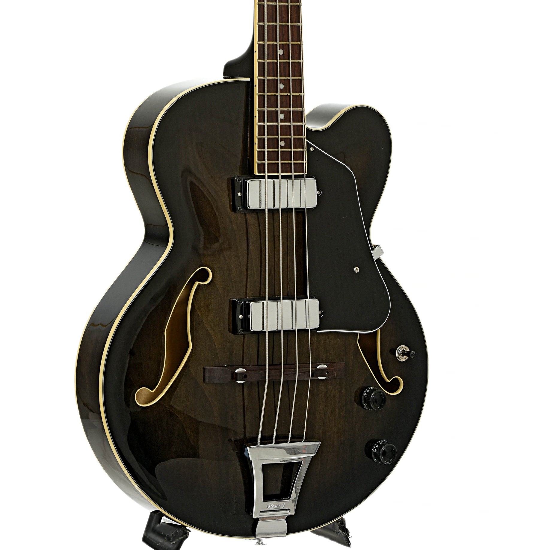 Front and side of Ibanez Artcore AFB200 Hollowbody Electric Bass Guitar, Transparent Black Sunburst