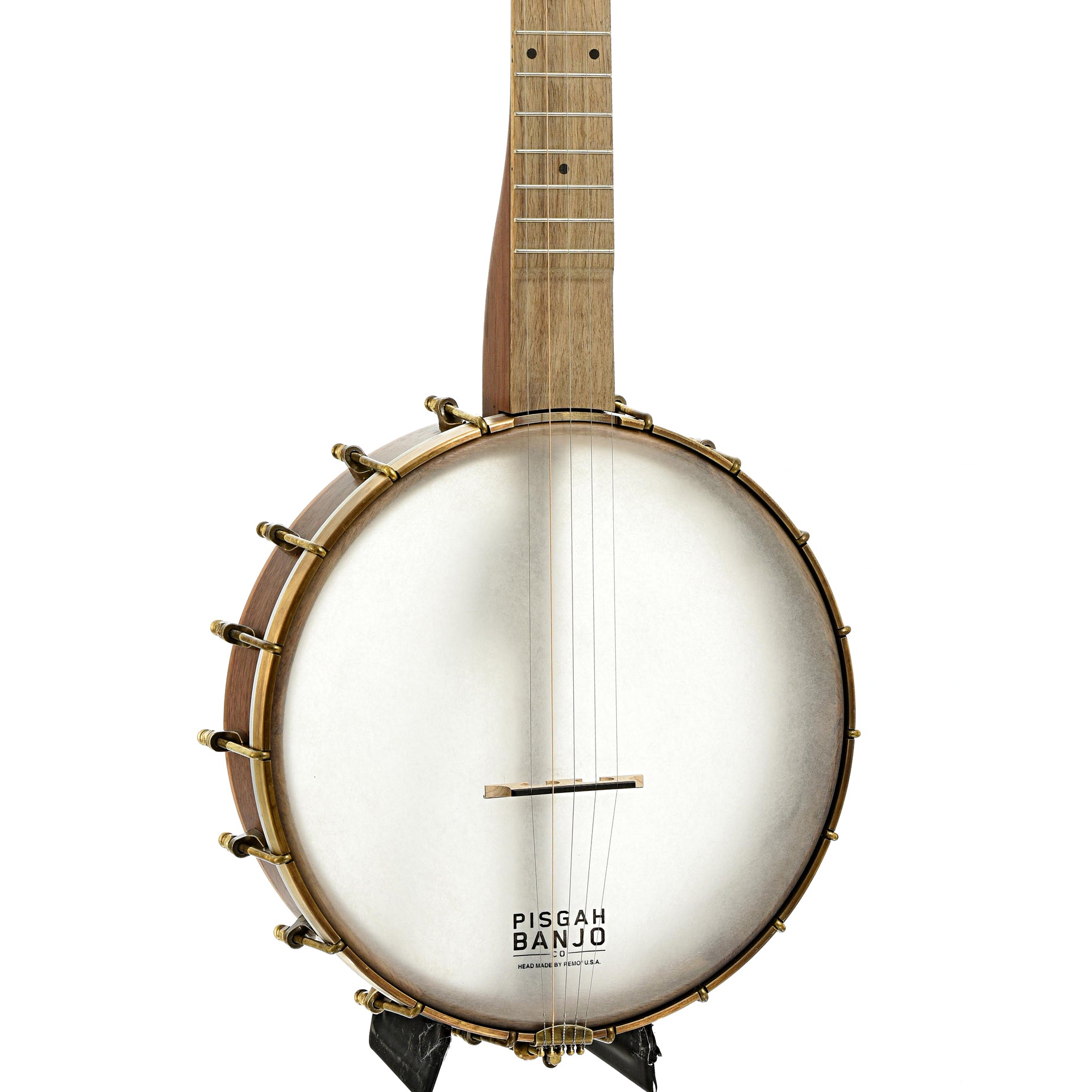 Front and side of Pisgah Possum 11" Openback Banjo & Gigbag, Walnut, Short Scale