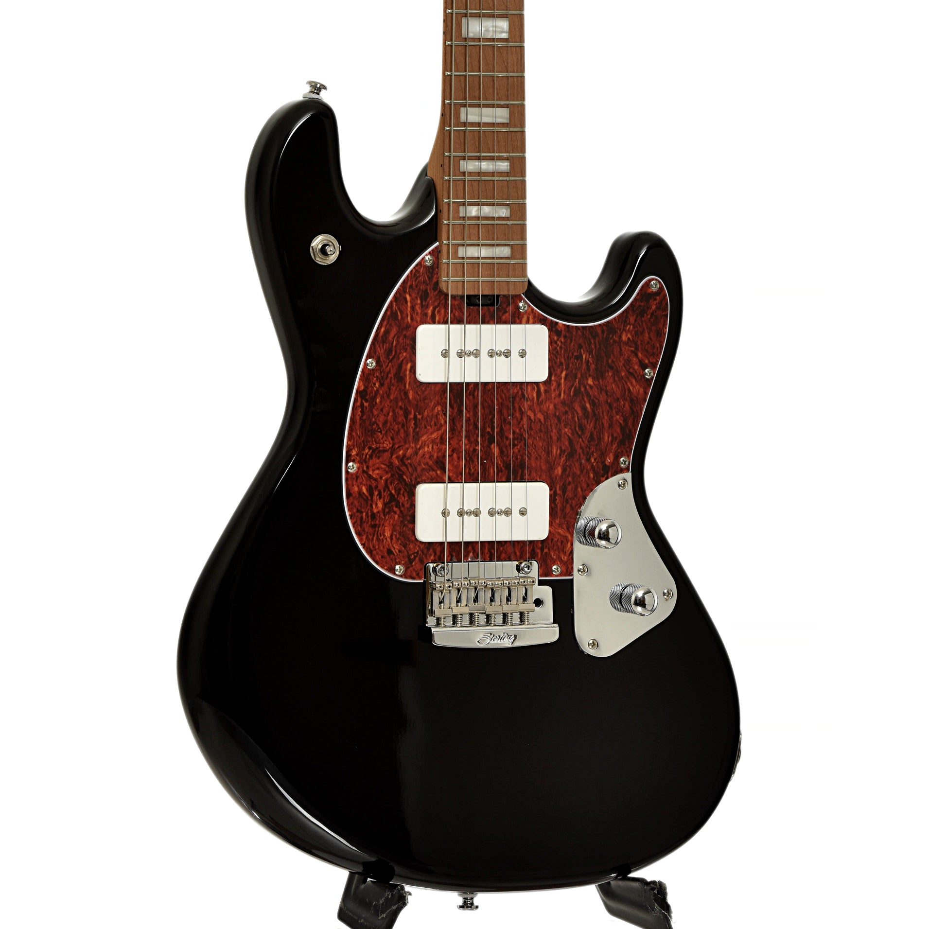 Front and side of Sterling by Music Man StingRay Plus Electric Guitar, Black