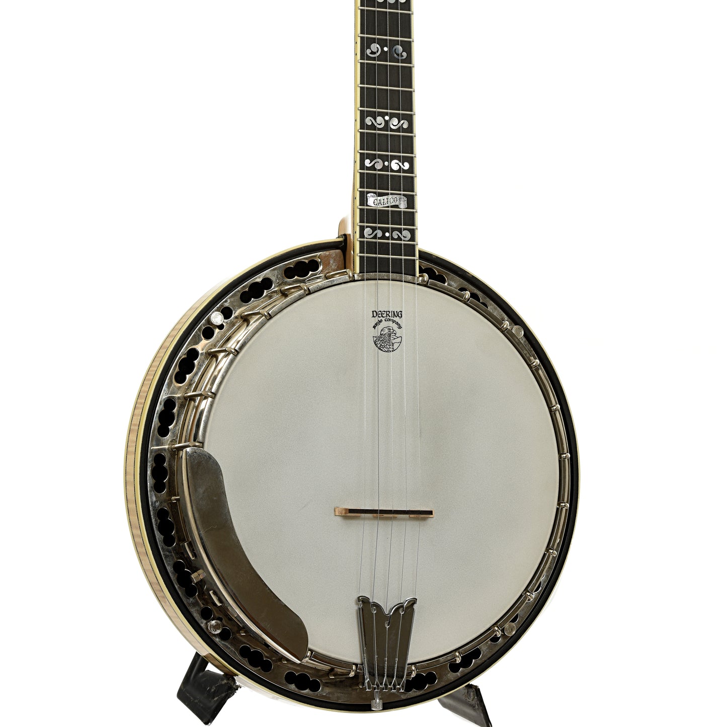 Front and side of Deering Calico Resonator Banjo