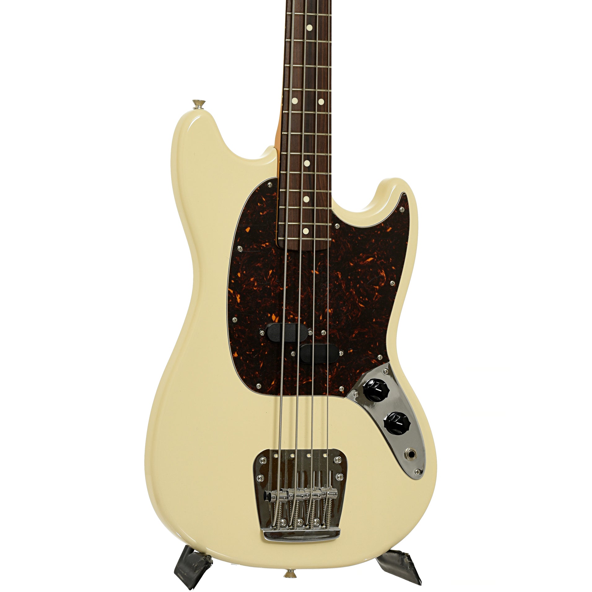 Frotn and side of Fender Mustang 4-String Electric Bass
