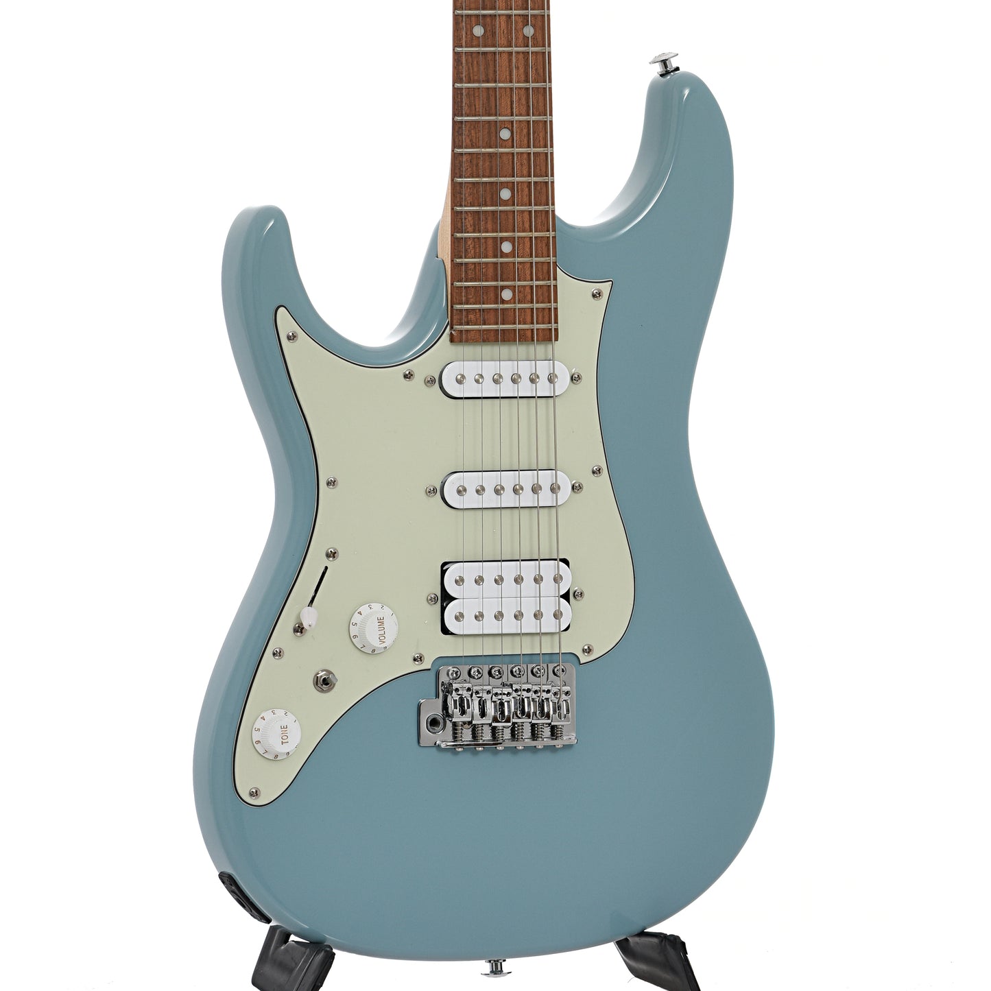 Front and side of IBANEZ AZES40L Left Handed Electric Guitar, Purist Blue