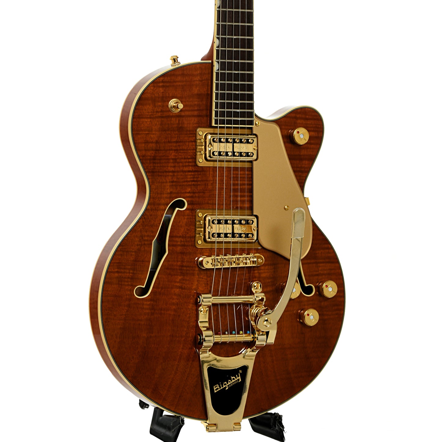 Front and side of Gretsch Electromatic LTD Flame Okoume Broadkaster Jr. Single-Cut with Bigsby, Roundup Orange