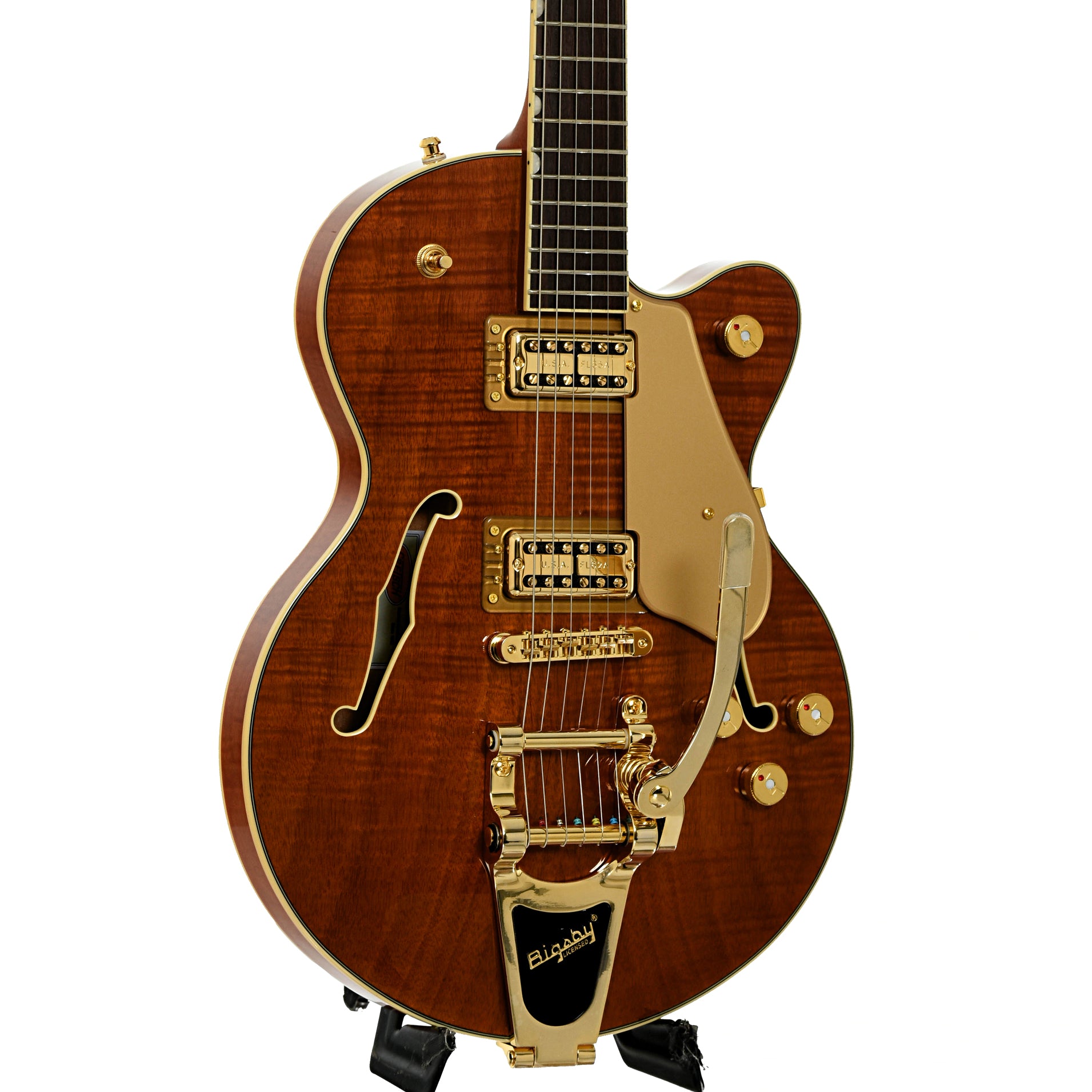 Front and side of Gretsch Electromatic LTD Flame Okoume Broadkaster Jr. Single-Cut with Bigsby, Roundup Orange