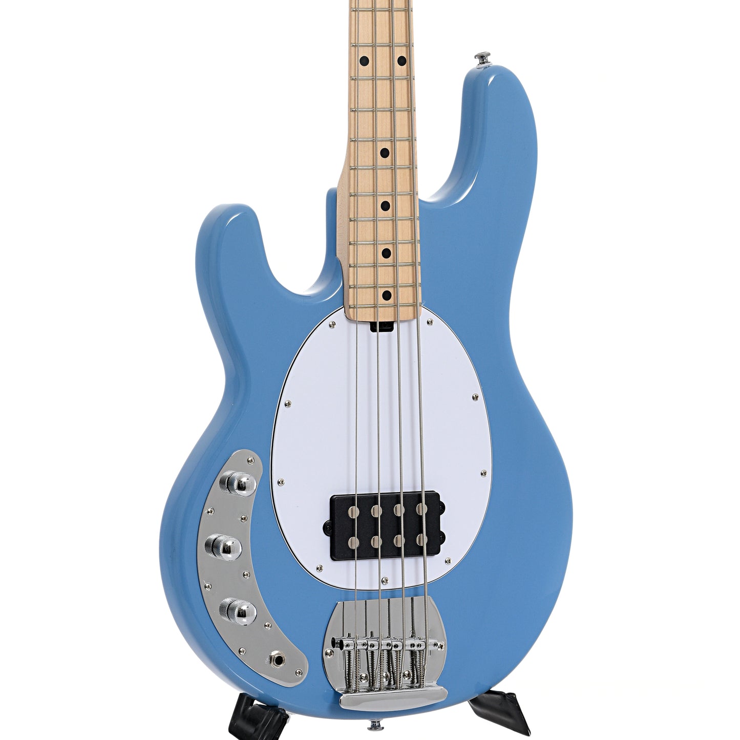 Front and side of Sterling by Music Man RAY4LH Left Handed 4-String Bass, Chopper Blue