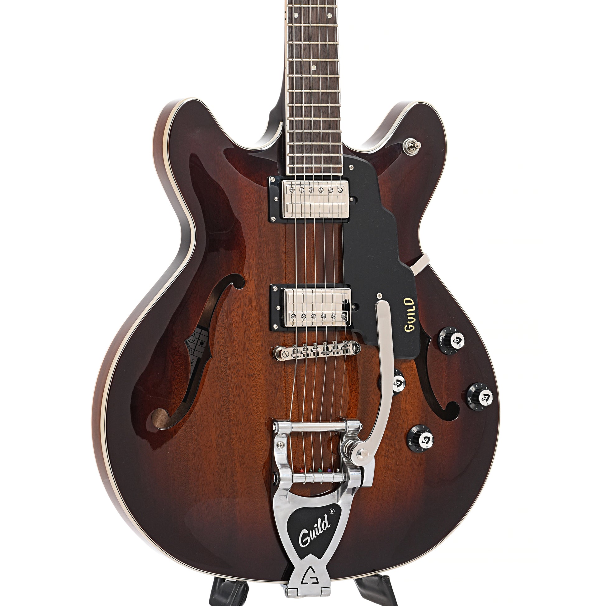 front and side of Guild Starfire I Double Cutaway Semi-Hollow Body Guitar with GVT, California Burst