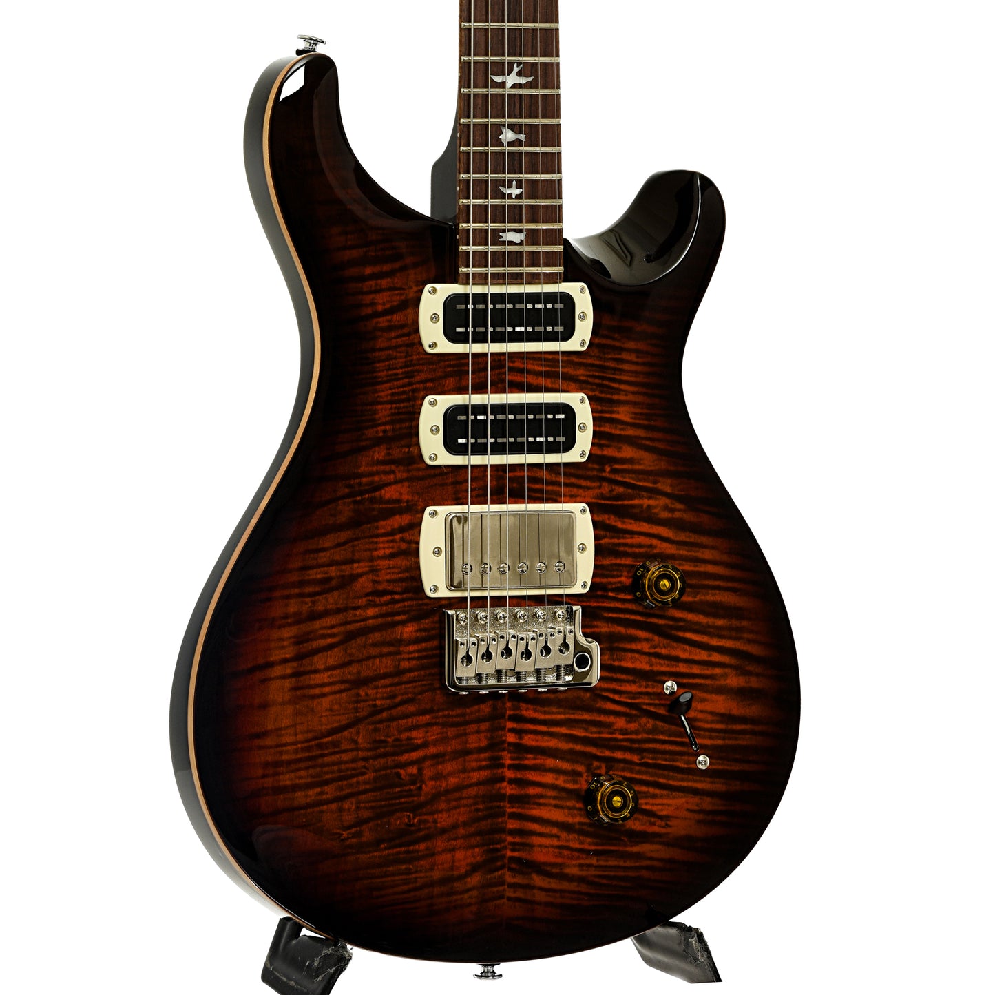 Front and side of PRS SE Studio Electric Guitar Orange Tiger Smokeburst