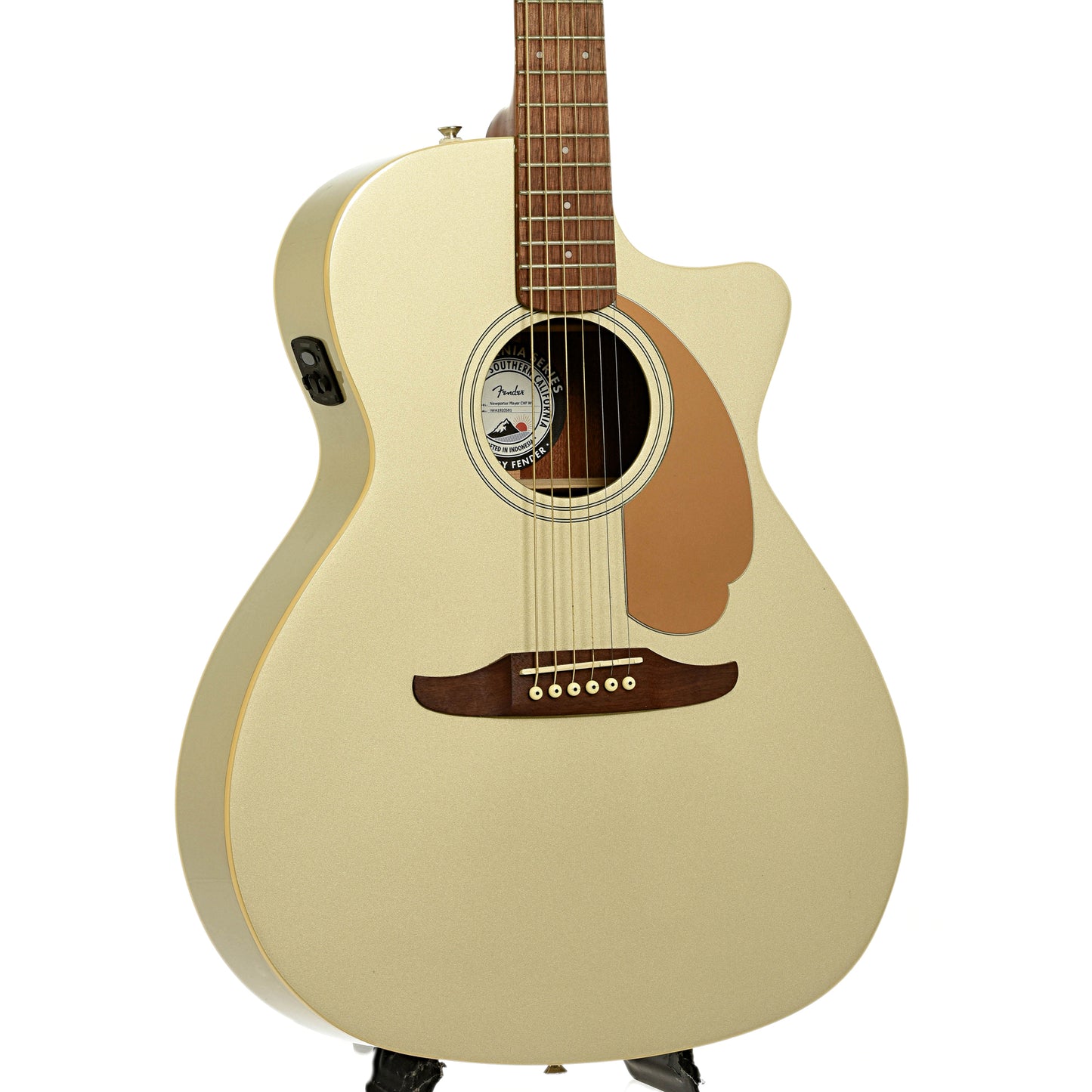Frotn and side of Fender Newporter Player Champagne Acoustic Guitar