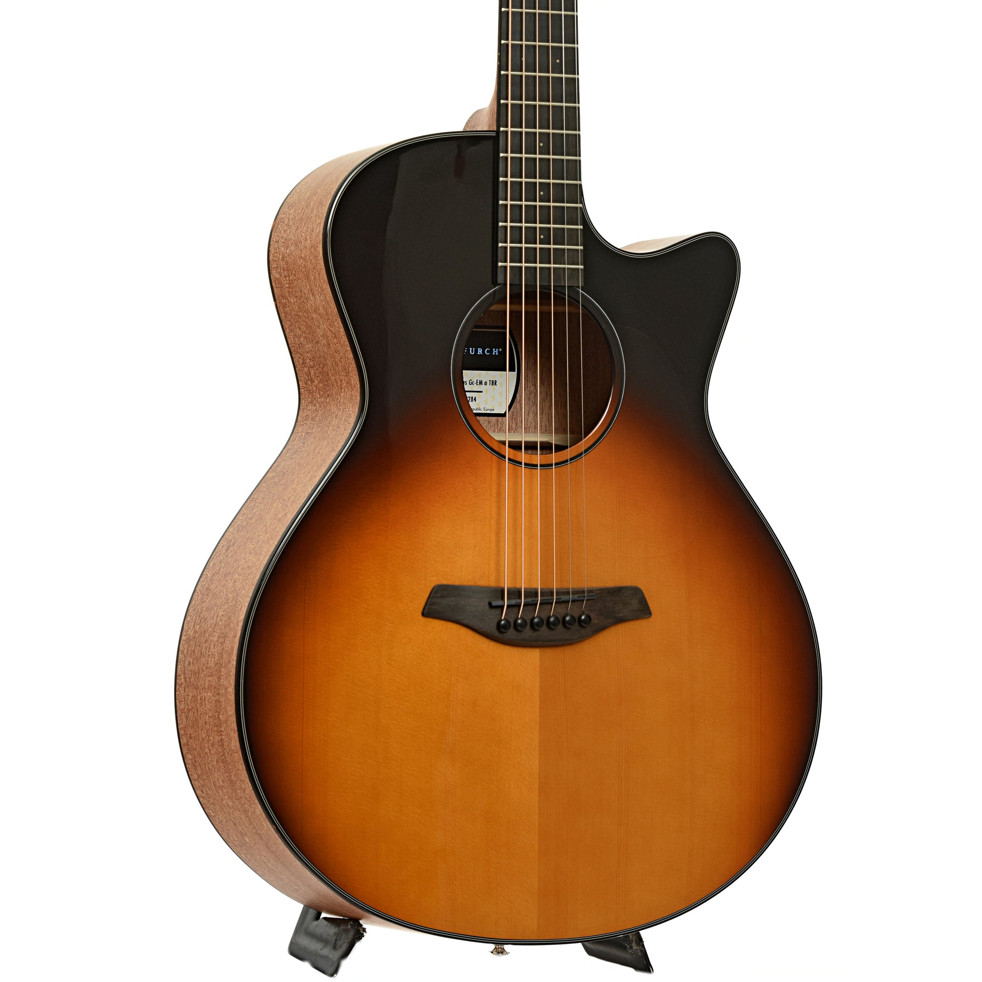 Front and side of Furch Spectra Plus Gc-EM a Siena Amber Acoustic Guitar