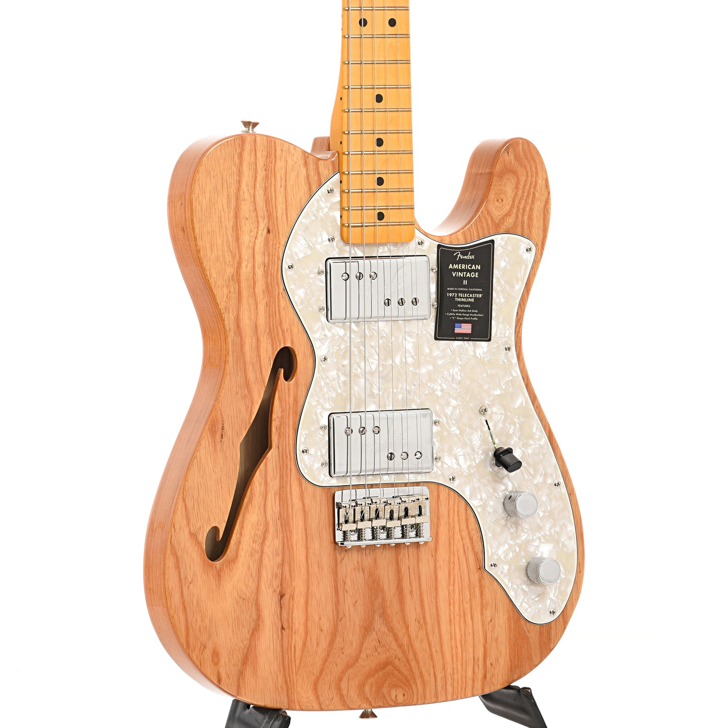 front and side of Fender American Vintage II 1972 Telecaster Thinline, Aged Natural