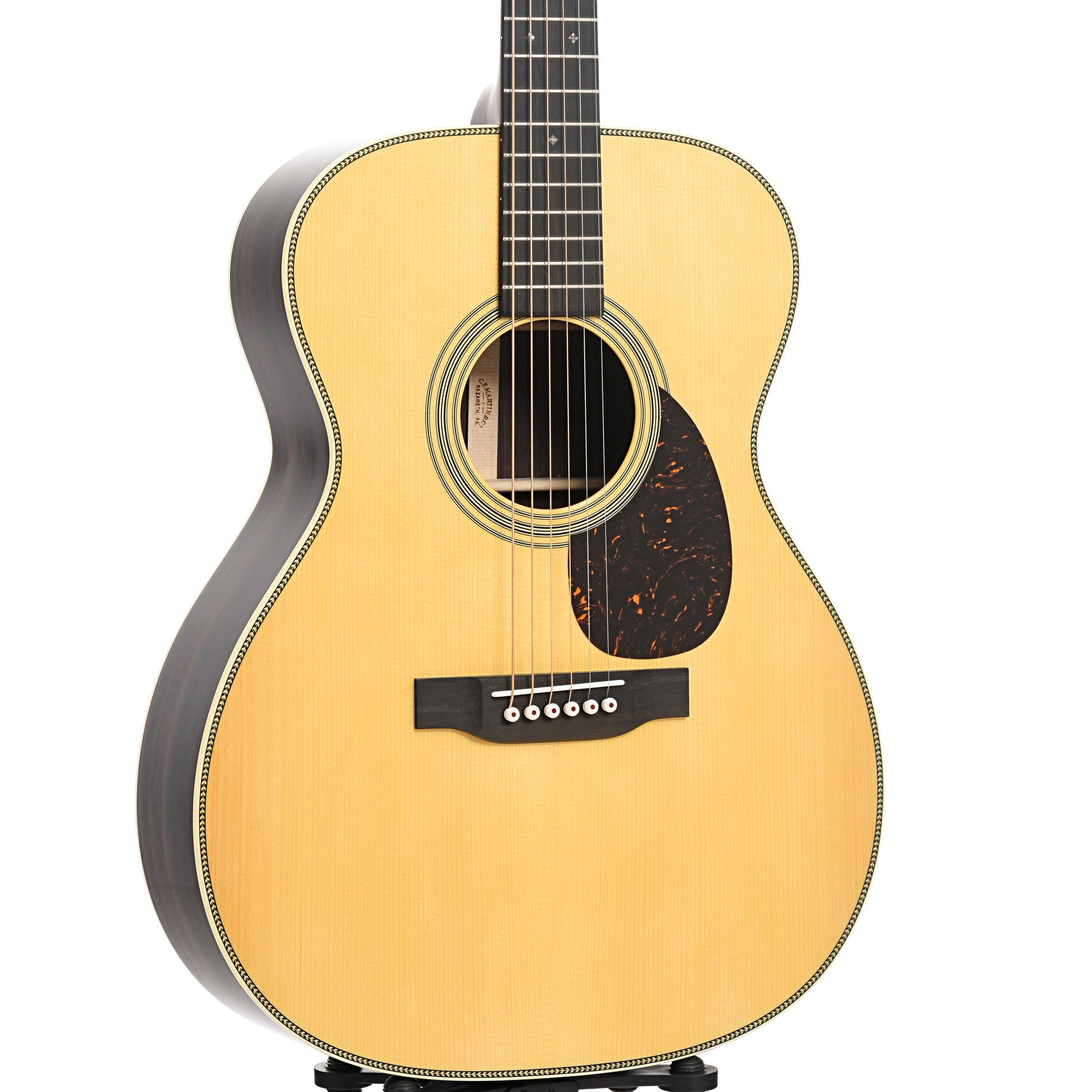 Front and side of Martin Custom Herringbone 28-Style OM Guitar & Case, Thinner Adirondack Top