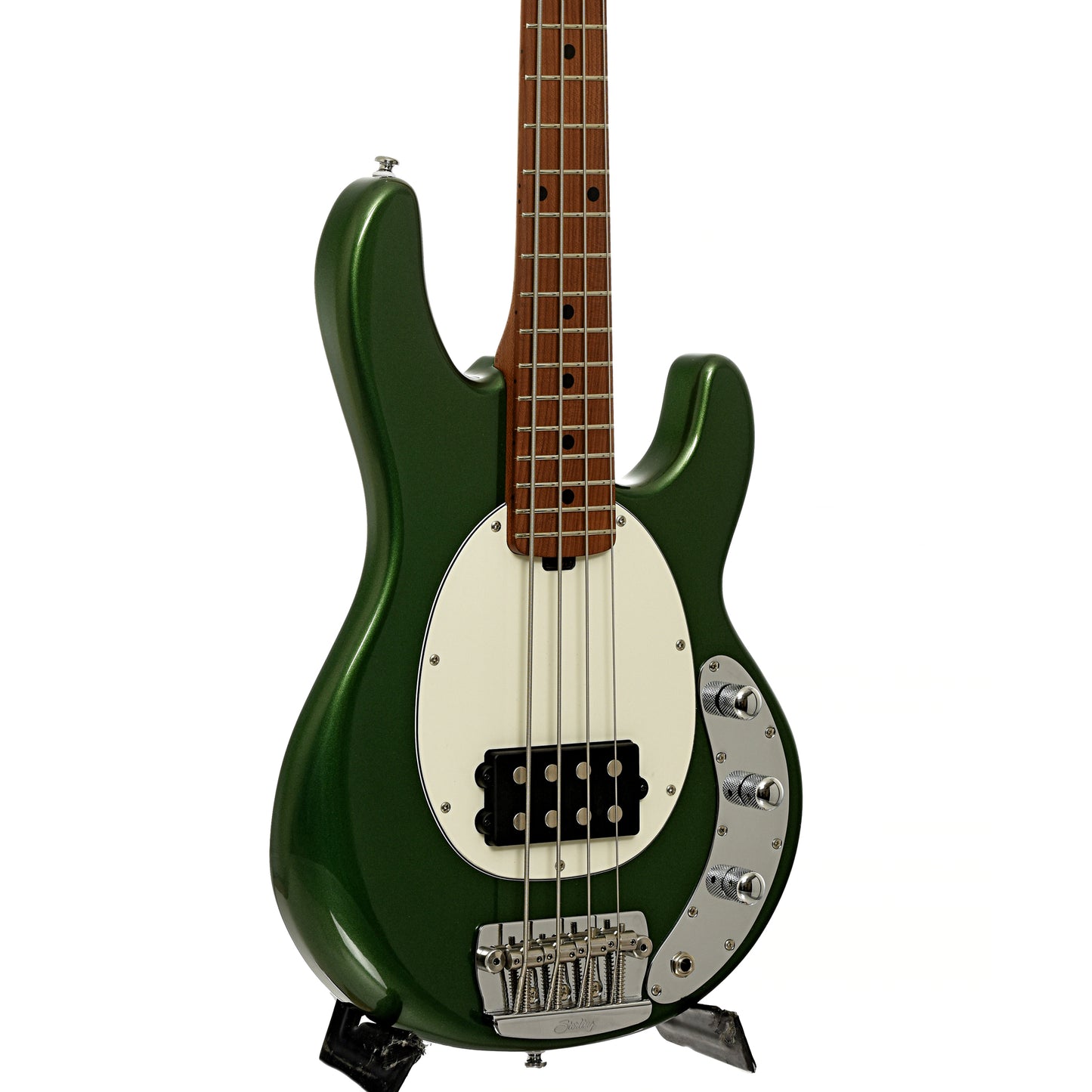Front and side of Sterling by Music Man Stingray Short Scale Electric Bass, Charging Green