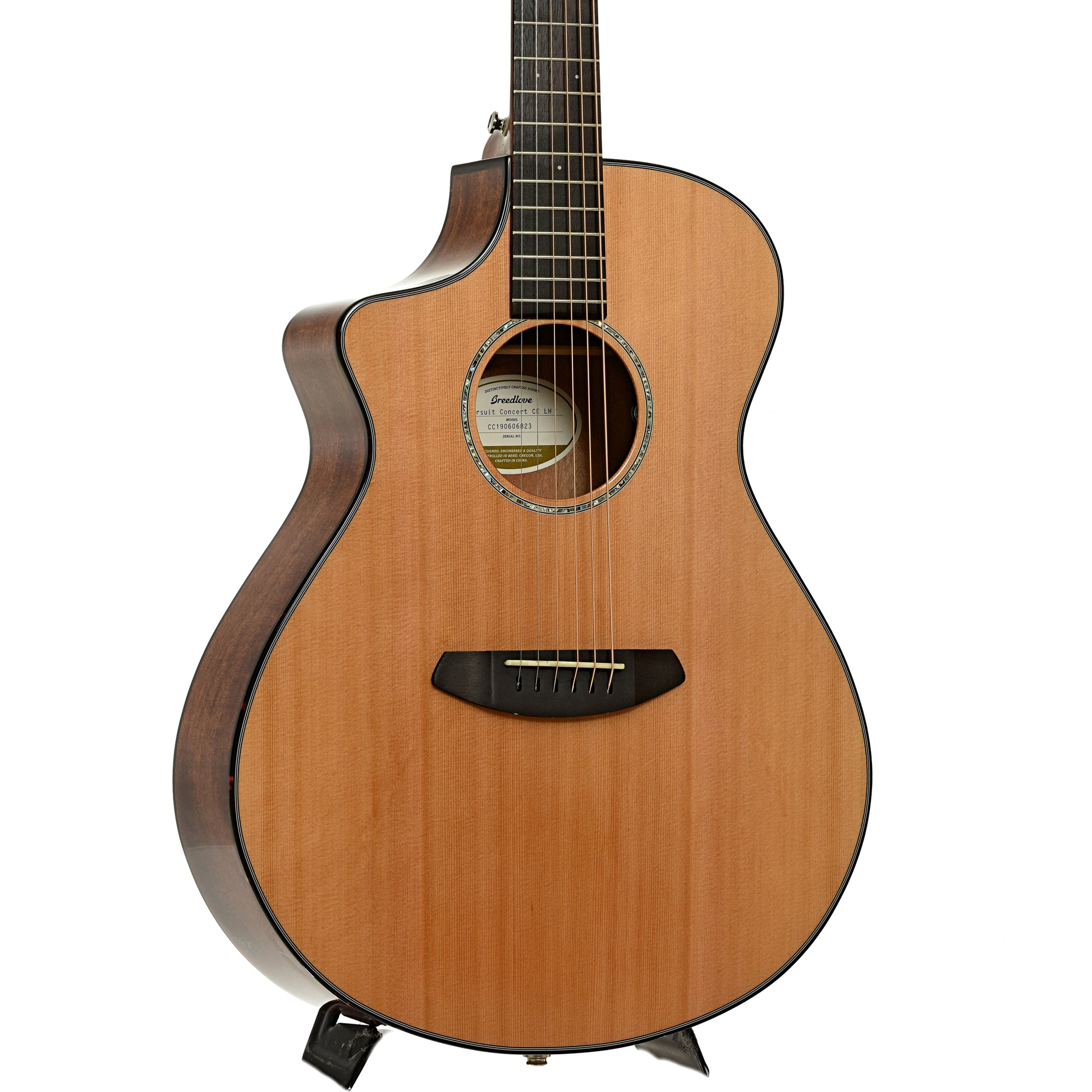 Full front and side of Breedlove Pursuit Concert CE Left Handed Acoustic Guitar