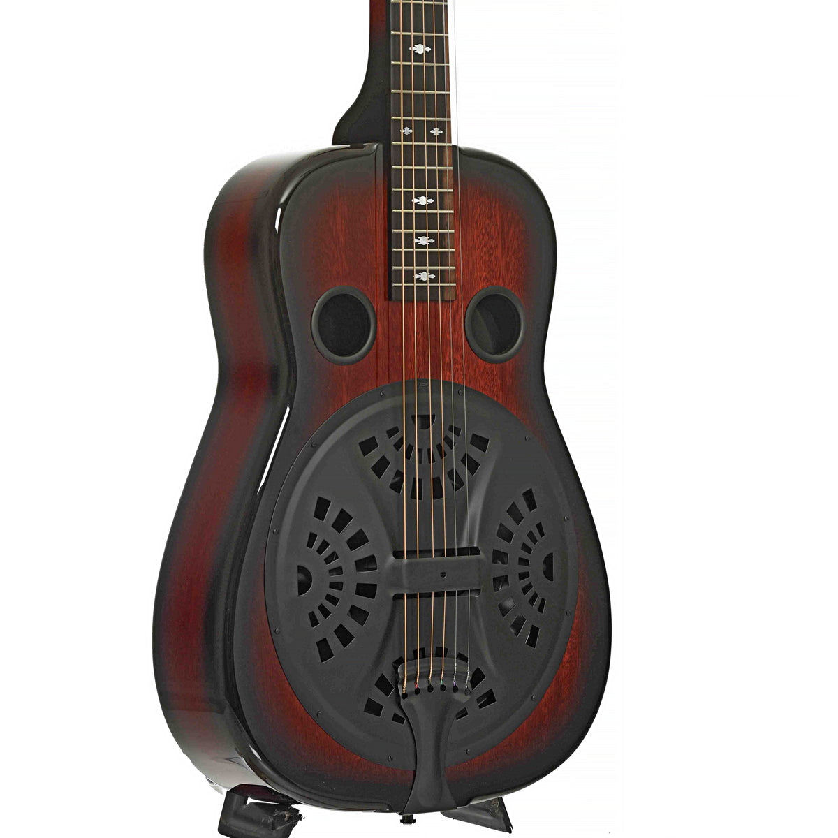 Front & Side of Beard Belle Squareneck Resonator Guitar & Case, Black Satin Hardware
