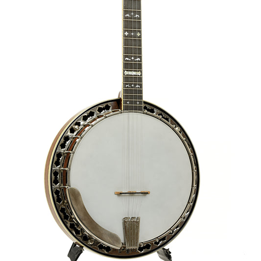 Front and side of Stelling Golden Cross Walnut Resonator Banjo