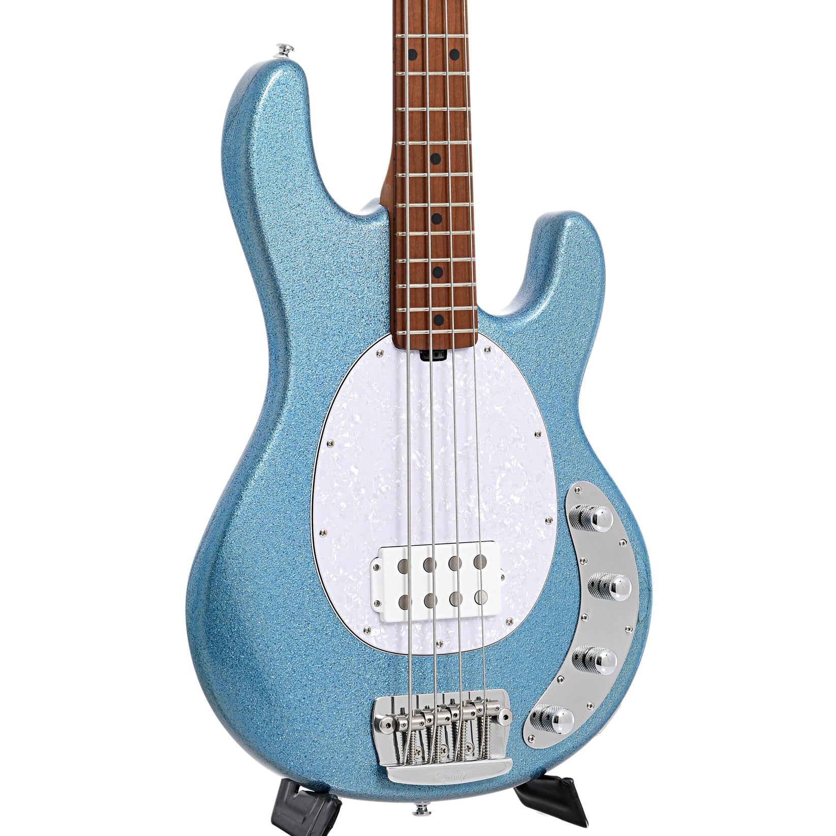 Front and side of Sterling by Music Man B-Stock Stingray34 4-String Bass, Blue Sparkle