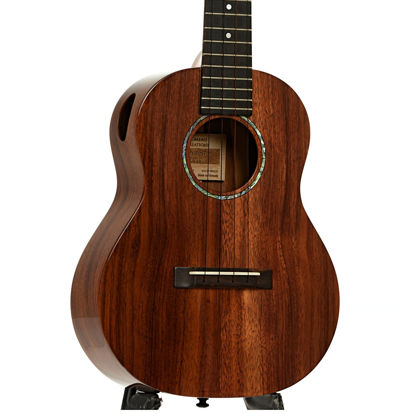Front and side of Romero Grand Tenor Koa Ukulele