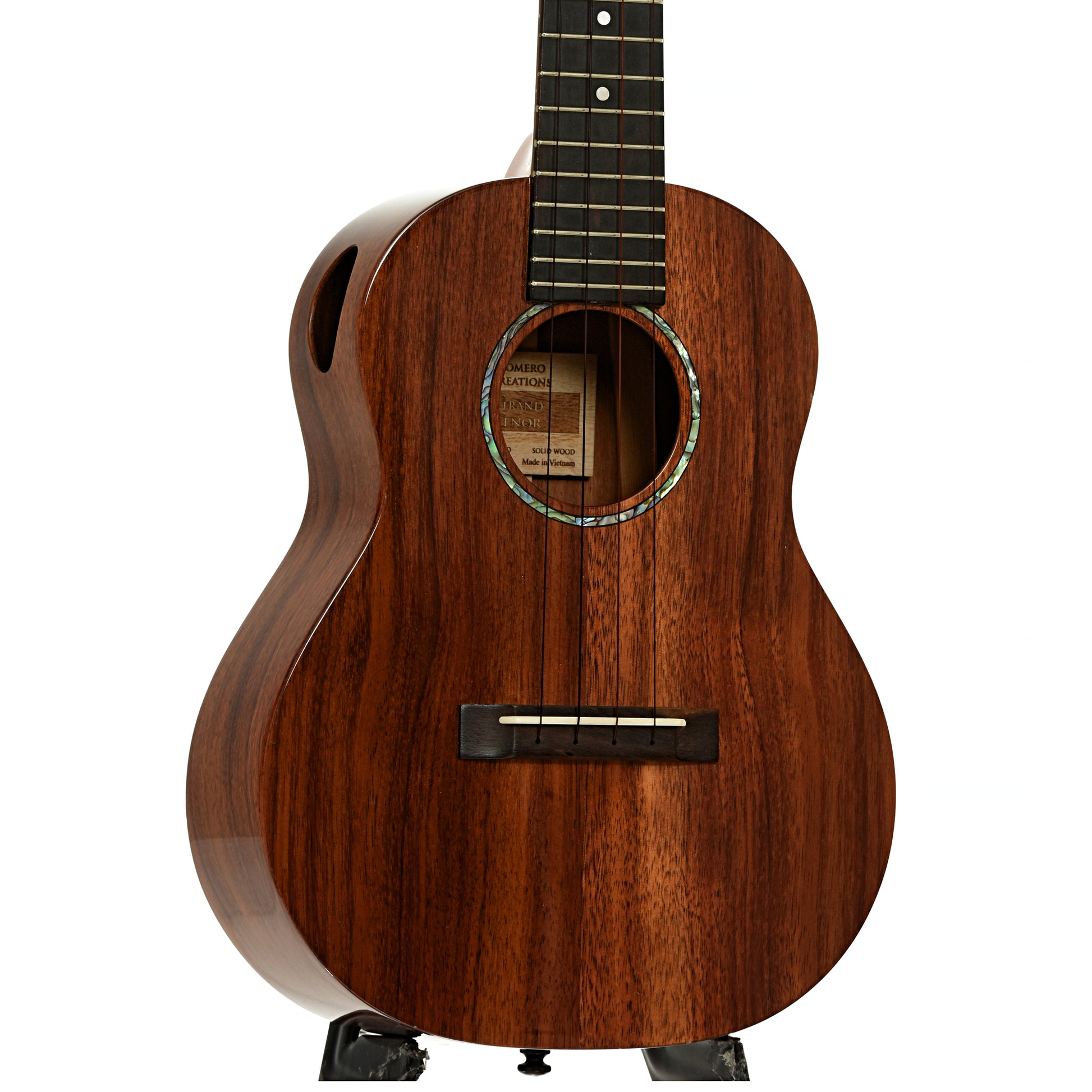 Front and side of Romero Grand Tenor Koa Ukulele