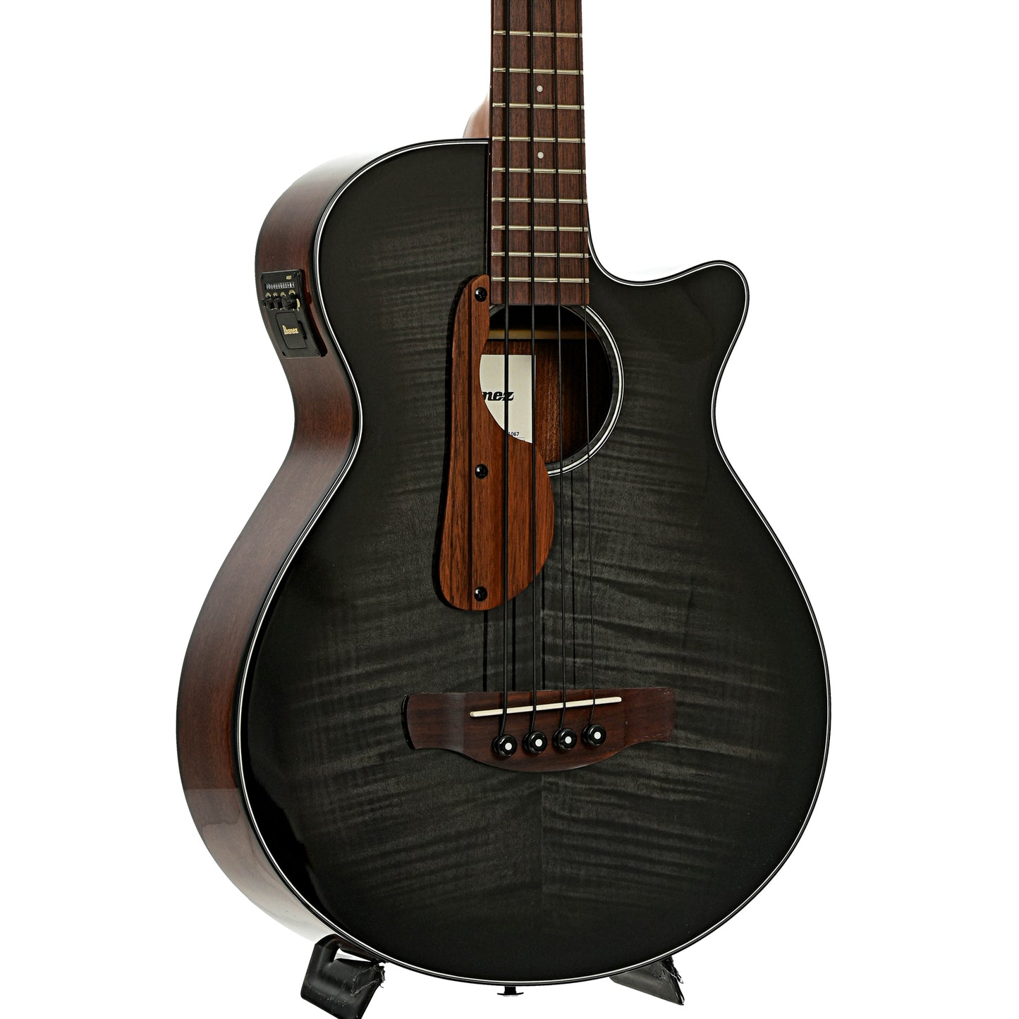 Front and side of Ibanez AEGB25E Acoustic-Electric Bass Guitar - Transparent Black Sunburst